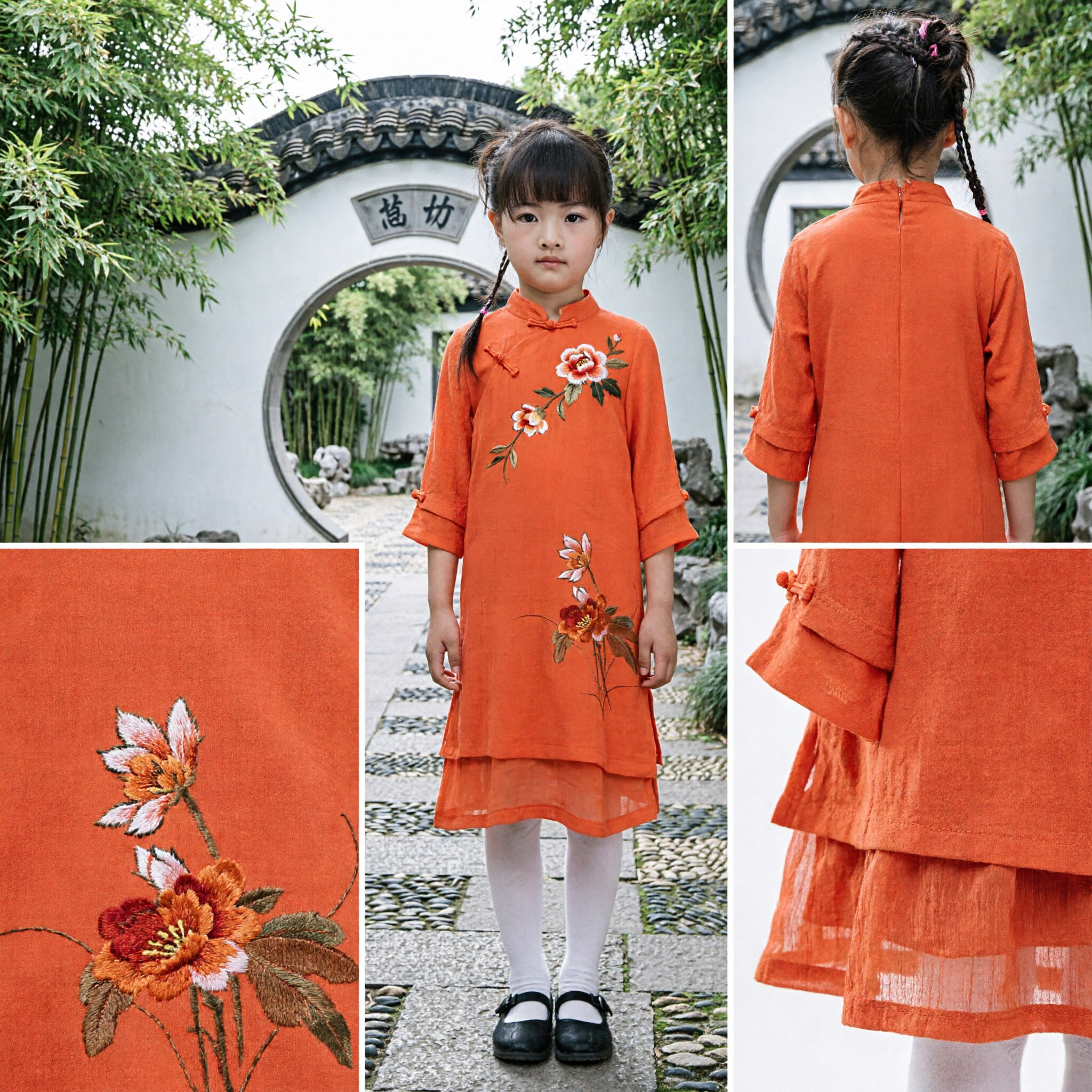 Kids Girls Traditional Chinese Cheongsam Dress Orange Floral Embroidery Summer Hanfu Costume for Dance - Asian Costume