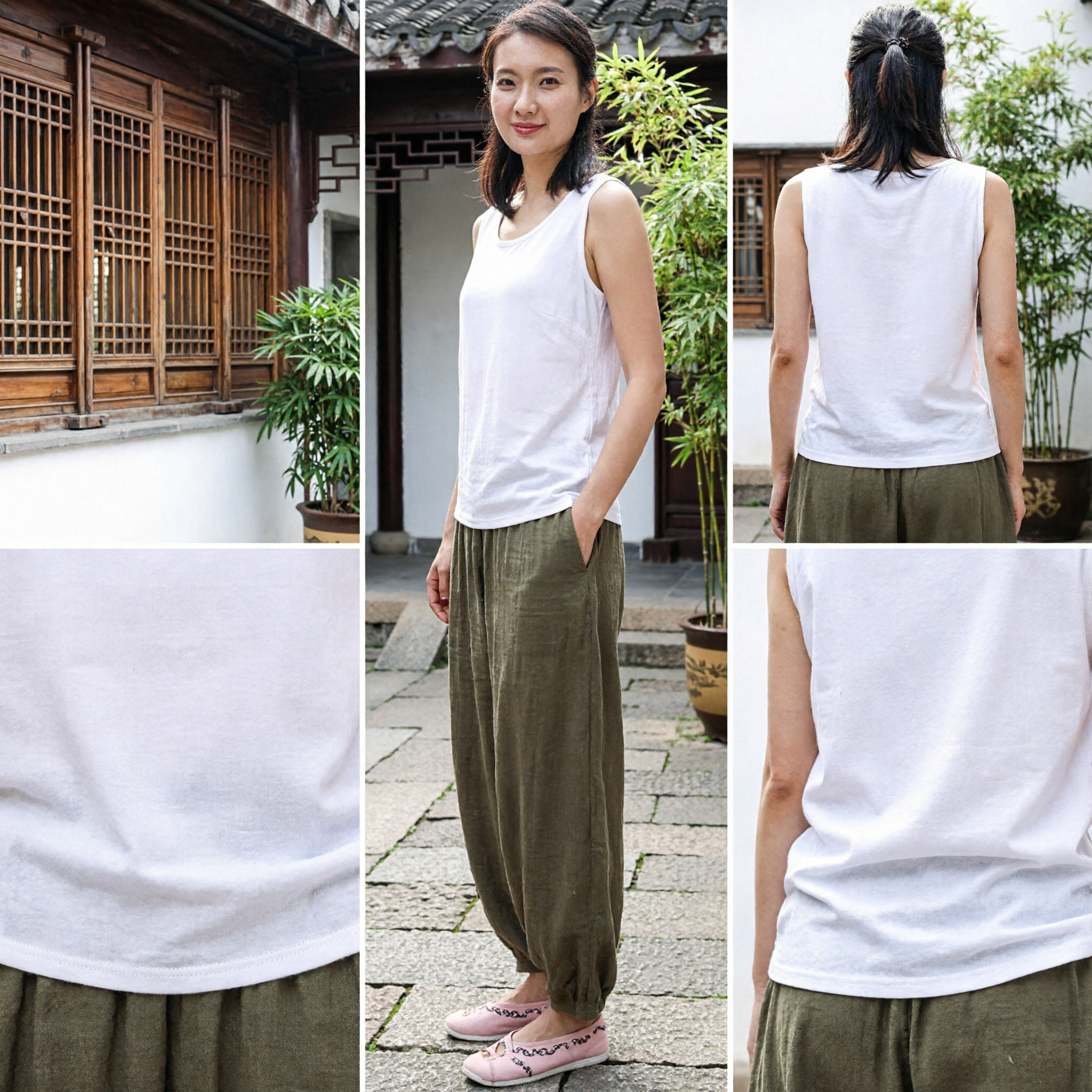 Women's Traditional Chinese Linen Kung Fu Pants and Sleeveless Top Set for Tai Chi Yoga and Casual Wear - Asian Costume