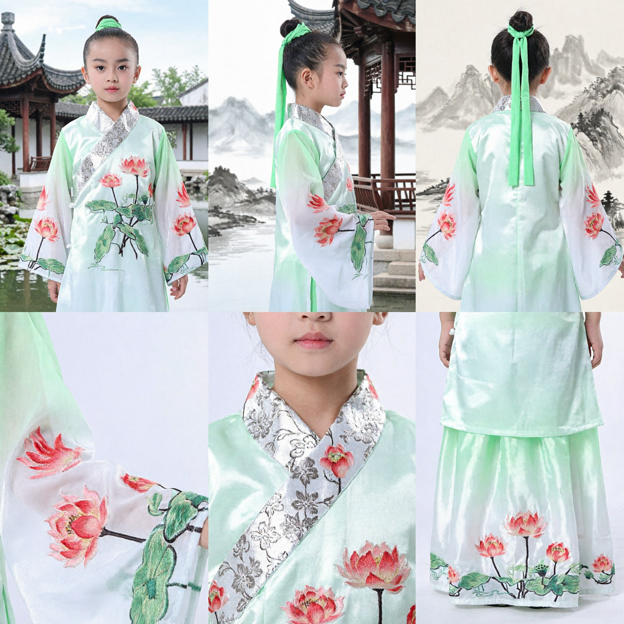 Green Chinese Traditional Hanfu Costume for Kids Girls Ancient Fairy Dress with Lotus Print Performance Outfit - Asian Costume