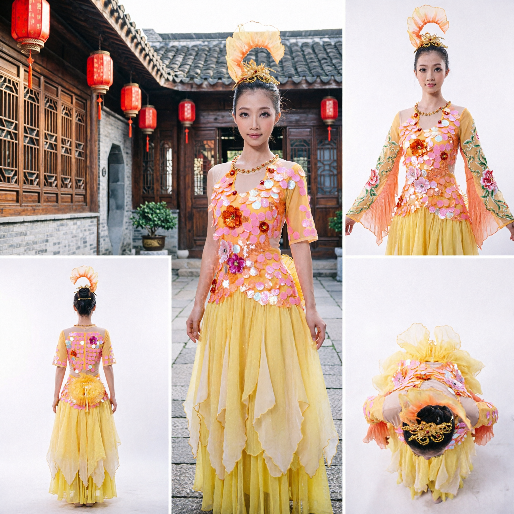 Women's Yellow Chinese Folk Dance Costume Traditional Peacock Theme Stage Performance Dress for Cultural Shows - Asian Costume