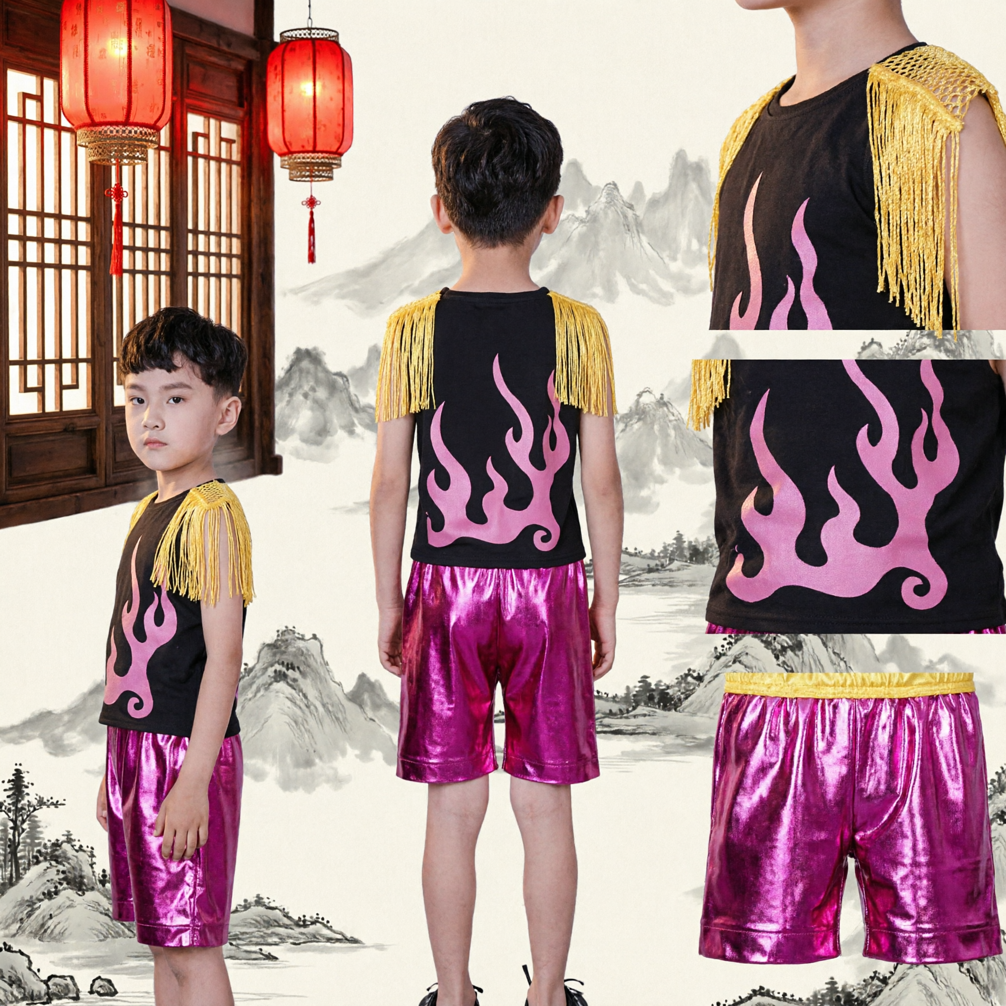 Boys Jazz Dance Costume Kids Street Dance Outfit Pink Flame Shirt and Shiny Shorts Stage Performance Wear - Asian Costume