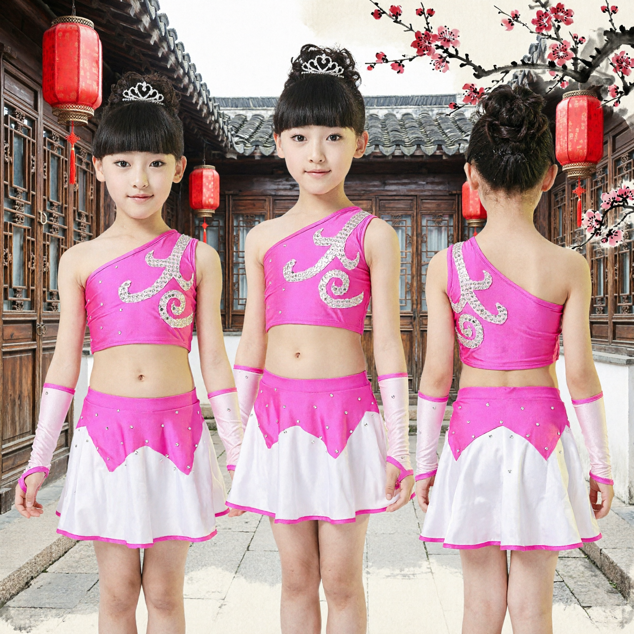 Girls Pink Latin Dance Costume One Shoulder Rhinestone Ballroom Dress Kids Stage Performance Outfit - Asian Costume