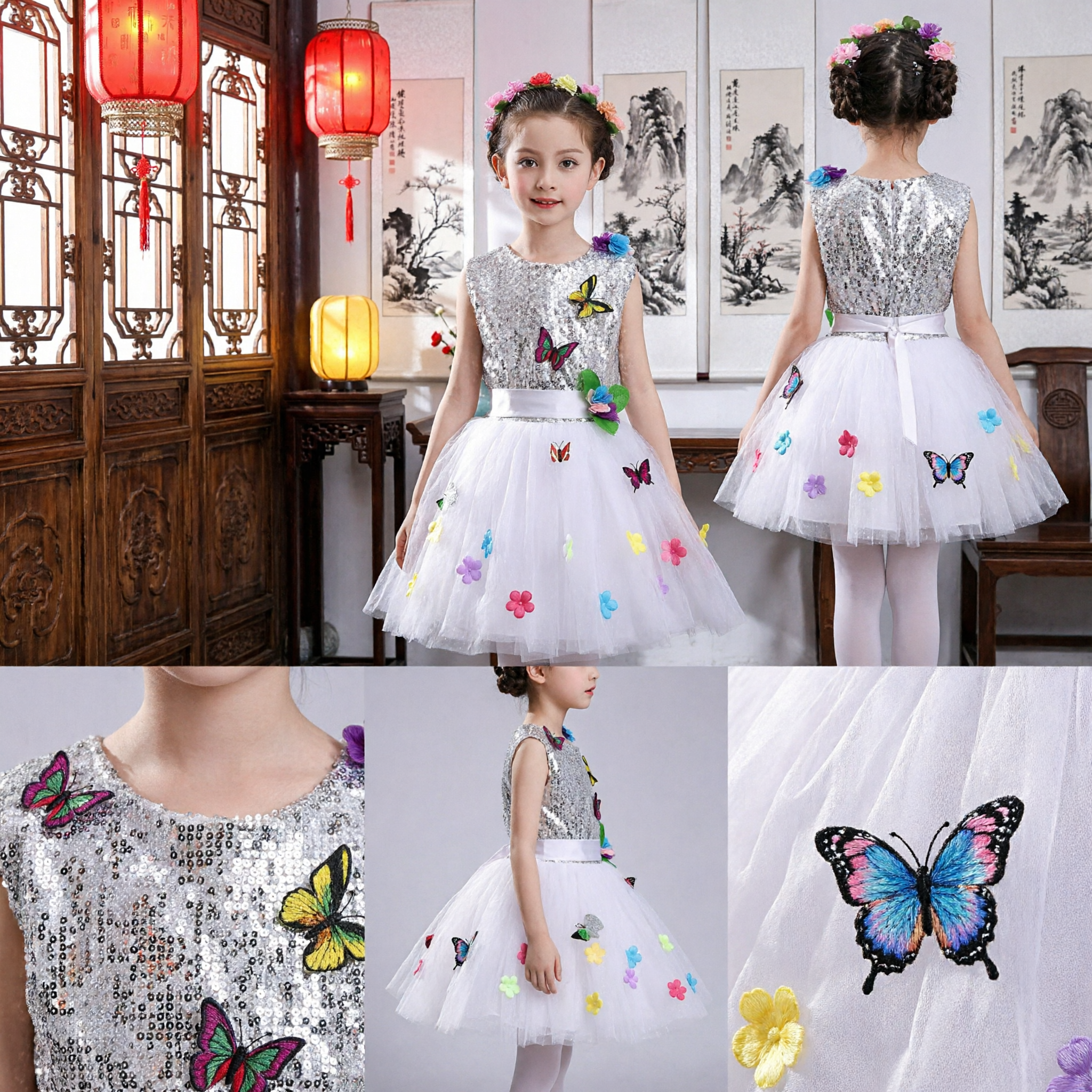 Girls Sequin Butterfly Dance Dress White Tulle Skirt Performance Costume for Kids Stage Show Party Wear - Asian Costume