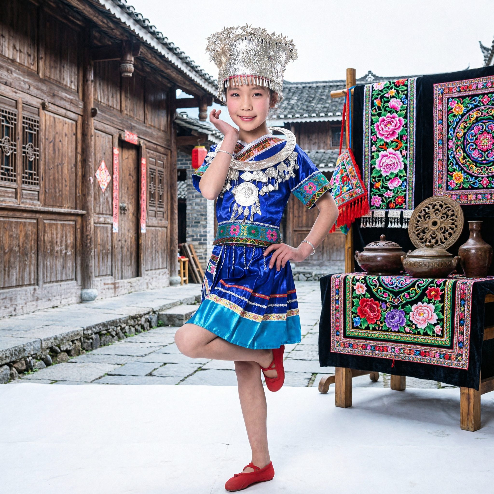 Traditional Chinese Miao Ethnic Minority Dance Costume for Kids Girls Blue Dress with Silver Headdress - Asian Costume