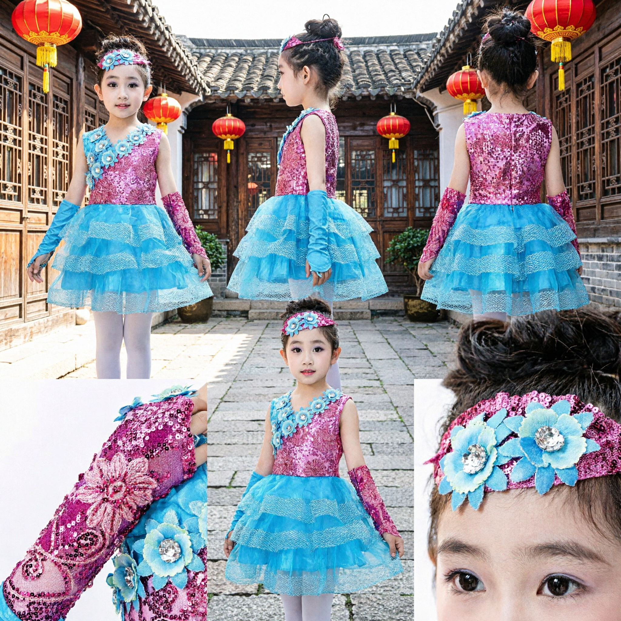 Girls Latin Dance Costume Sequined Ballroom Dress Blue Pink Floral Kids Stage Performance Outfit - Asian Costume