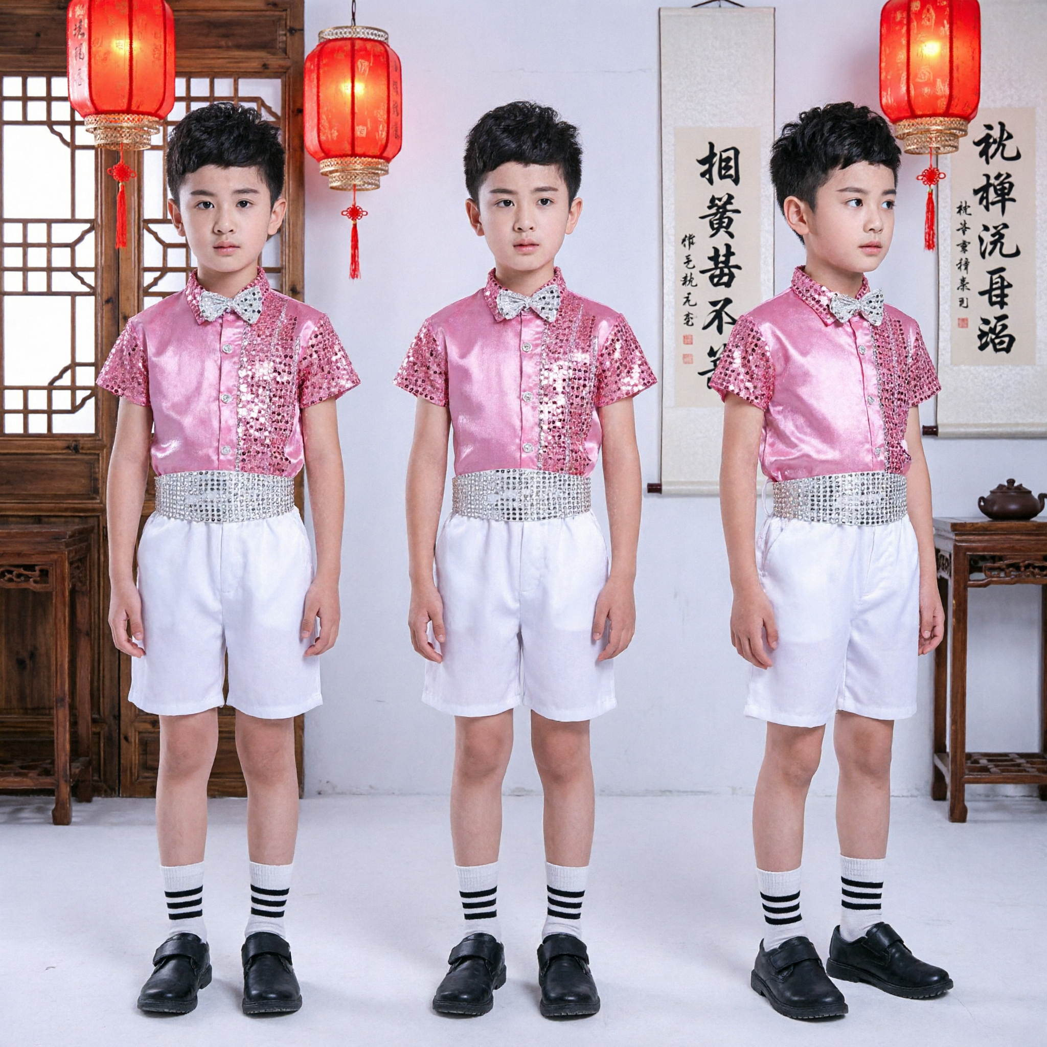 Boys Pink Sequin Stage Costume Set with Bow Tie and White Shorts for Dance Choir Performance - Asian Costume