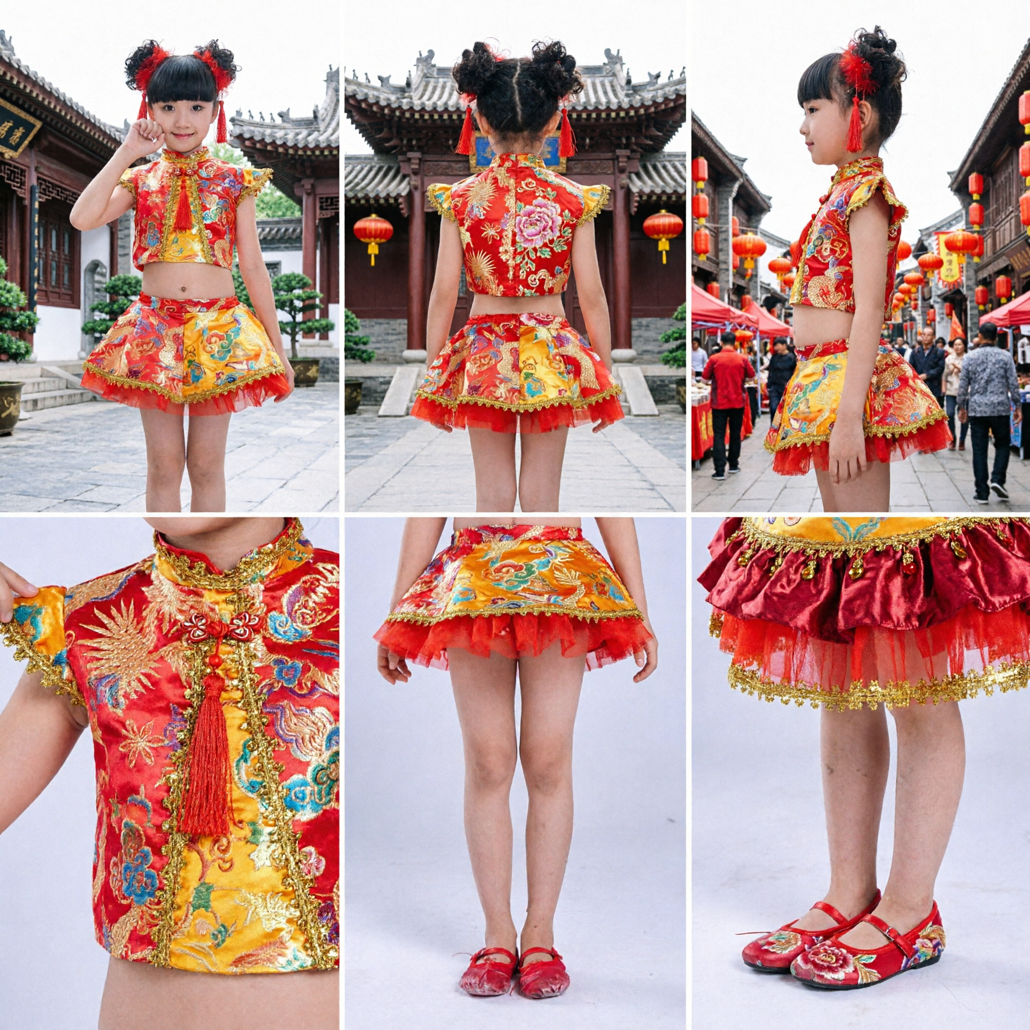 Girls Chinese Traditional Folk Dance Costume Red Dragon Embroidery Performance Outfit for New Year Festival - Asian Costume