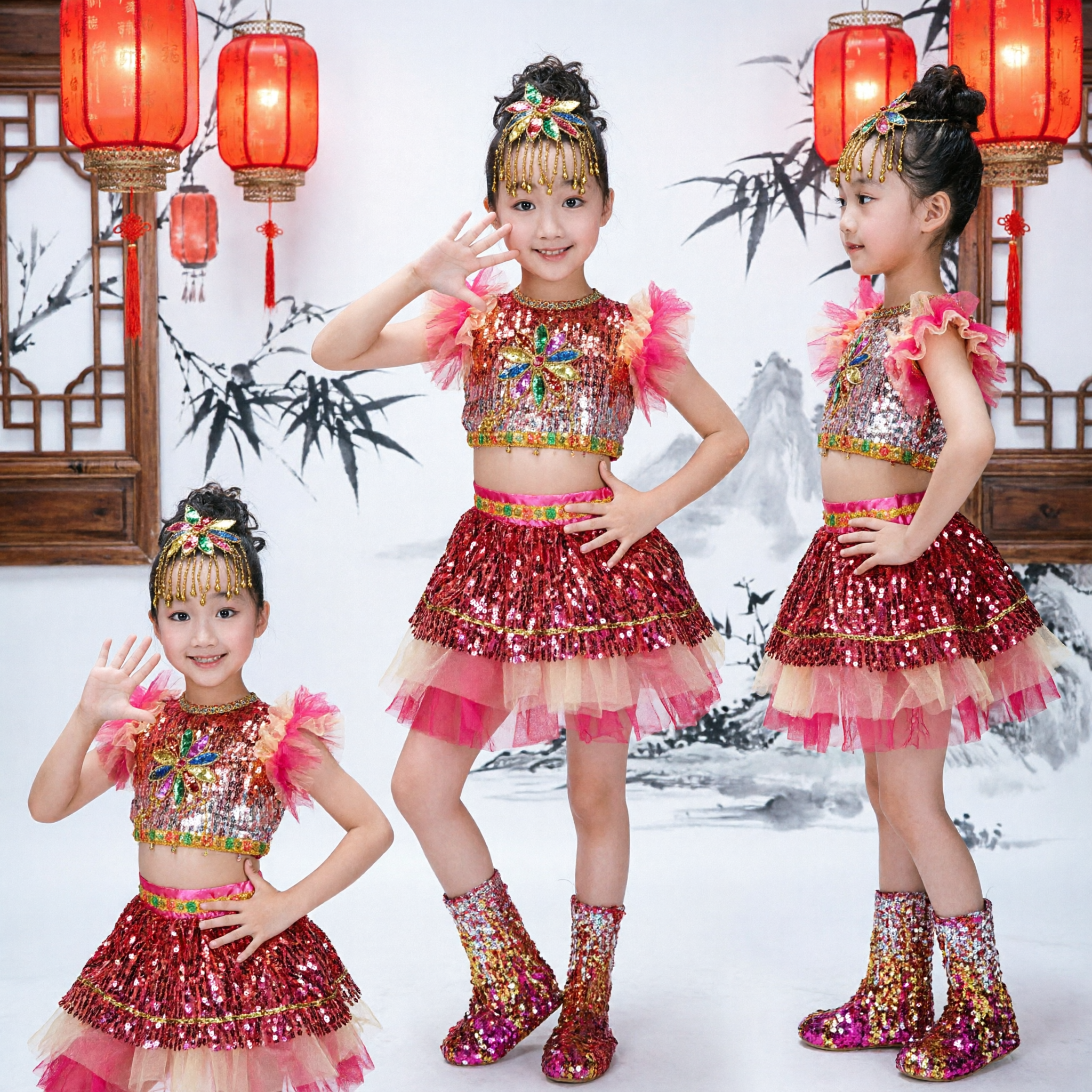 Girls Red Sequin Dance Costume Two Piece Performance Outfit for Stage Competition Shows - Asian Costume