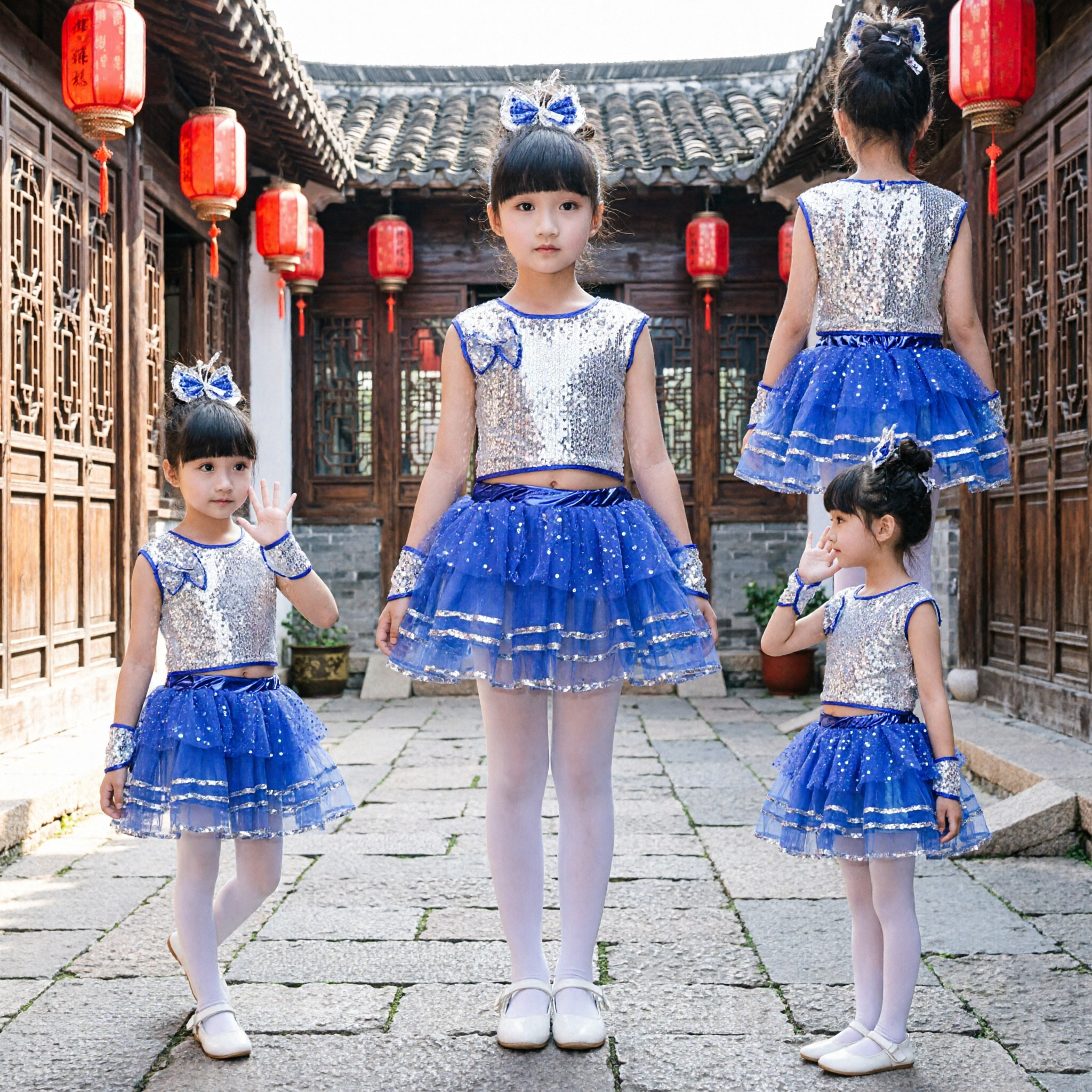 Girls Blue Silver Sequin Jazz Dance Costume Performance Outfit with Tutu Skirt for Stage Shows and Competitions - Asian Costume