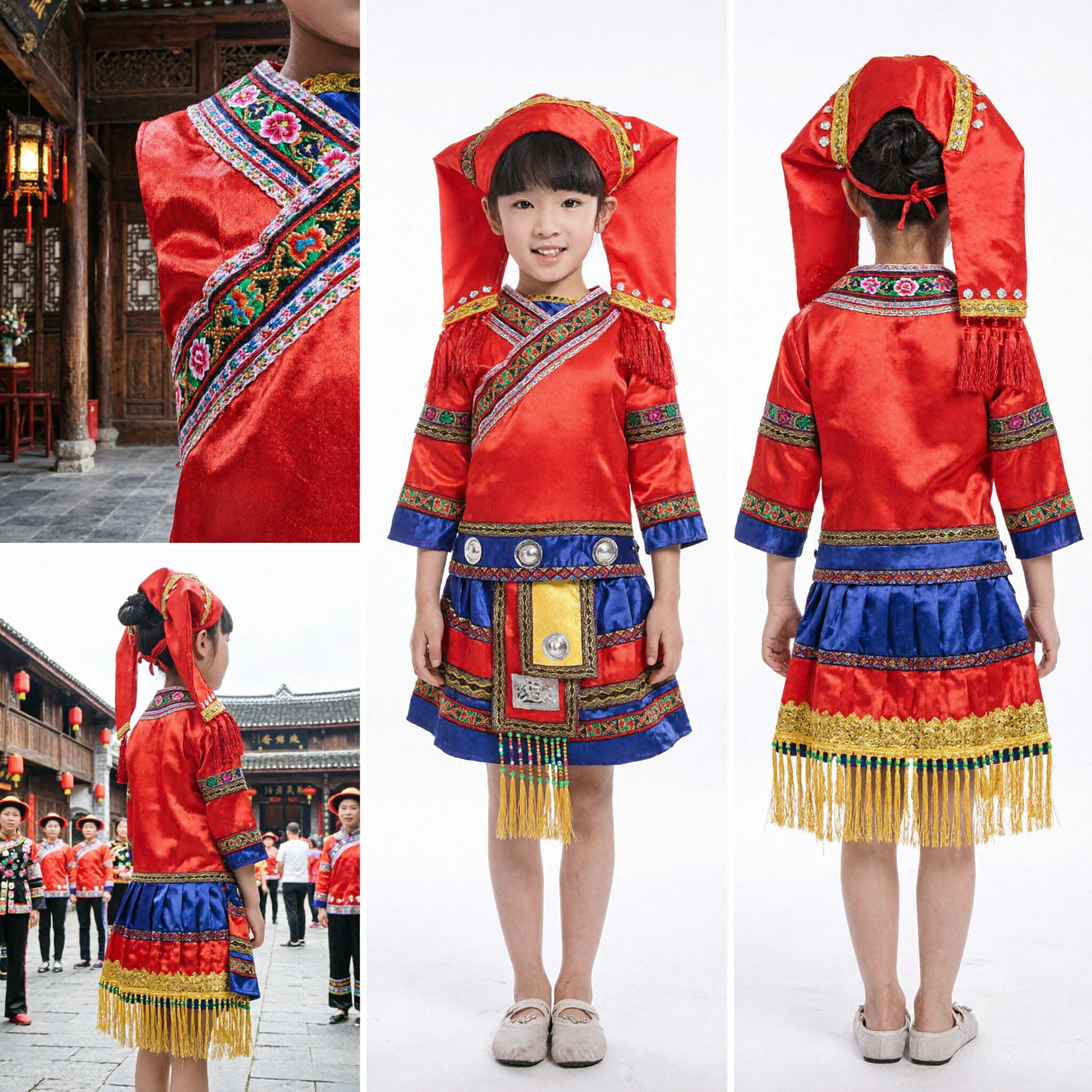 Kids Chinese Traditional Folk Dance Costume Red Ethnic Minority Dress for Stage Performance - Asian Costume