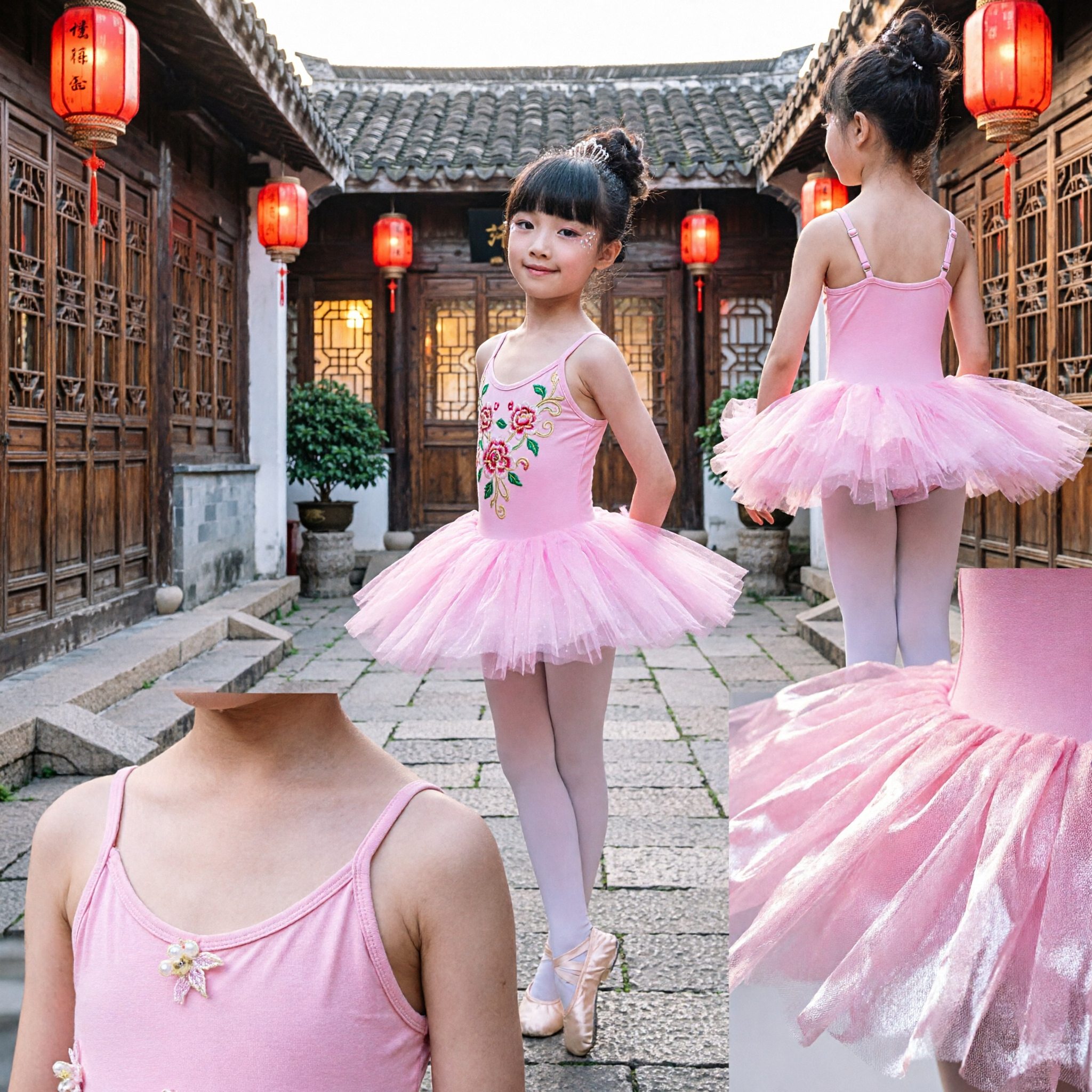 Pink Girls Ballet Tutu Dress Kids Dance Costume Leotard with Tulle Skirt for Stage Recital Performance - Asian Costume