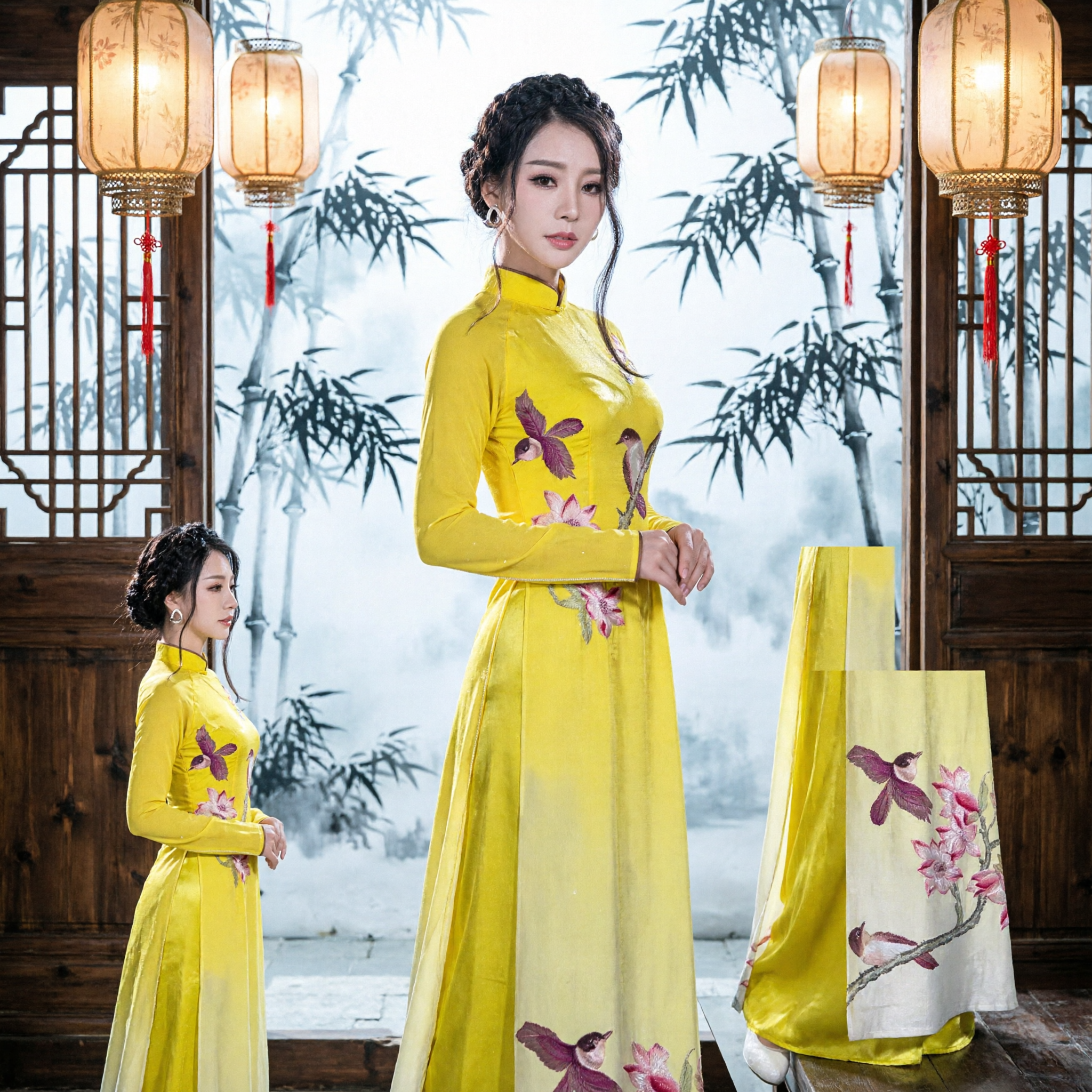 Elegant Yellow Vietnamese Ao Dai Traditional Dress Floral Bird Print Long Sleeve Formal Cultural Costume - Asian Costume