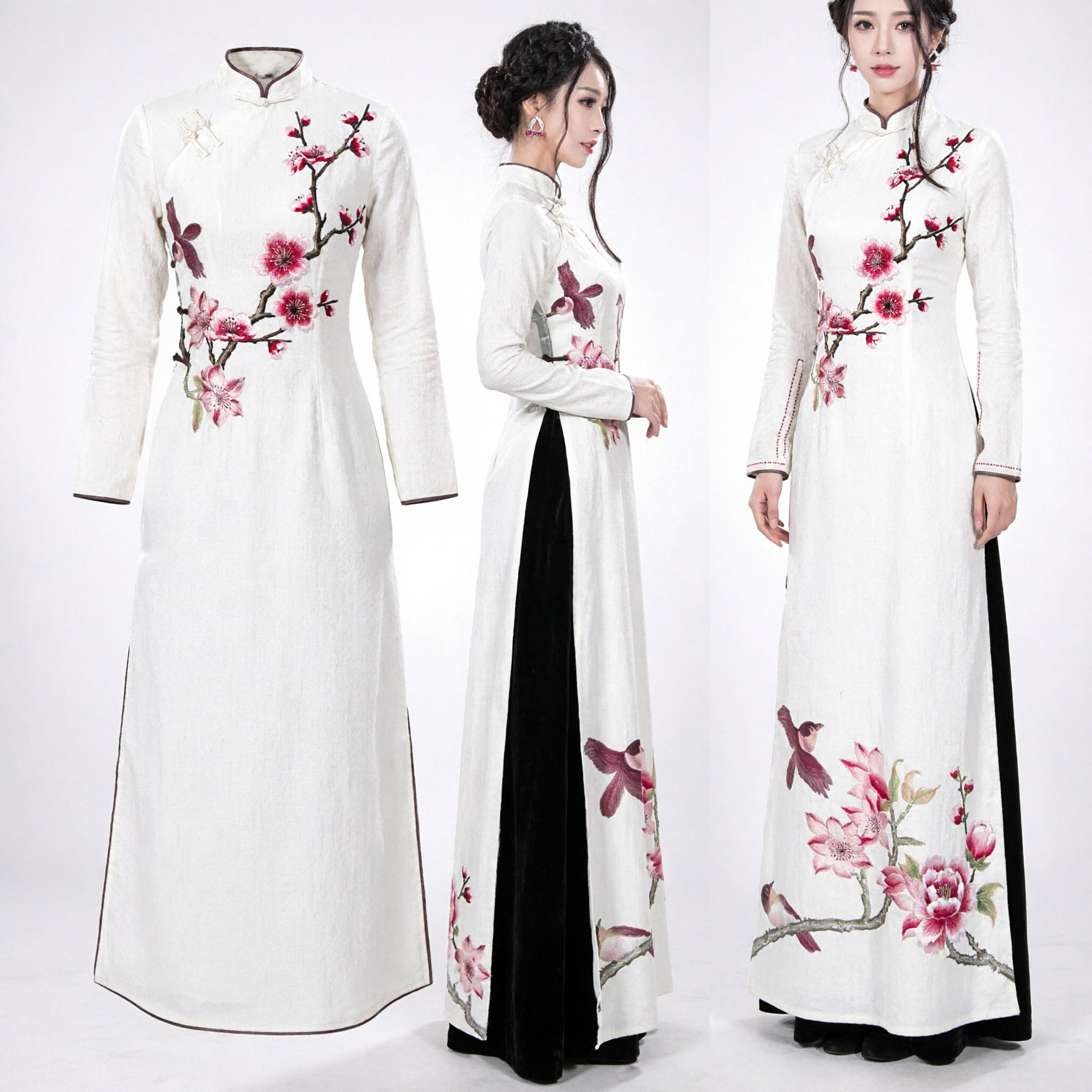 Elegant White Vietnamese Ao Dai Traditional Dress with Magnolia Flowers Long Sleeve Top for Women - Asian Costume