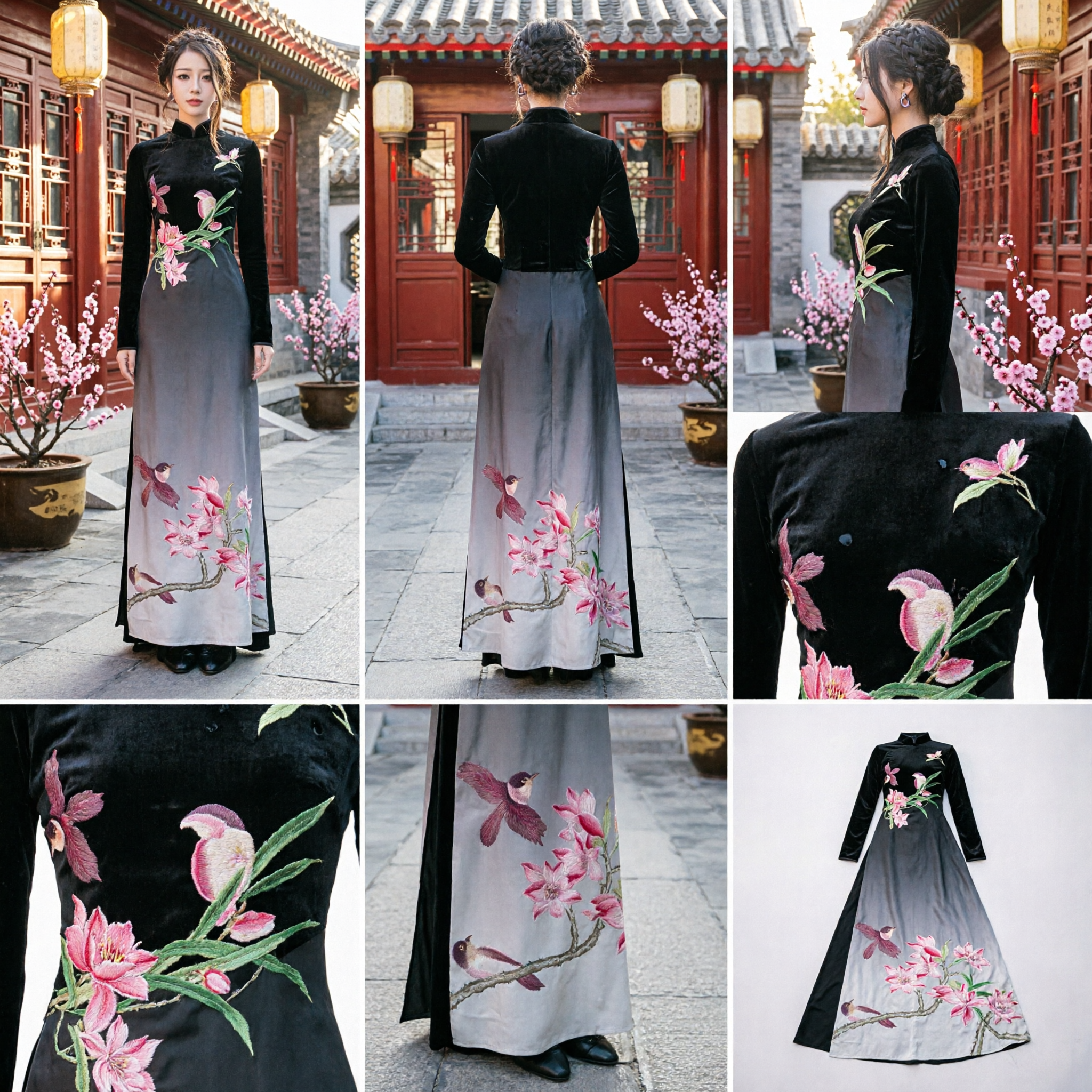 Elegant Black Gradient Vietnamese Ao Dai Dress with Lotus Flower Print Traditional Formal Wear for Women - Asian Costume
