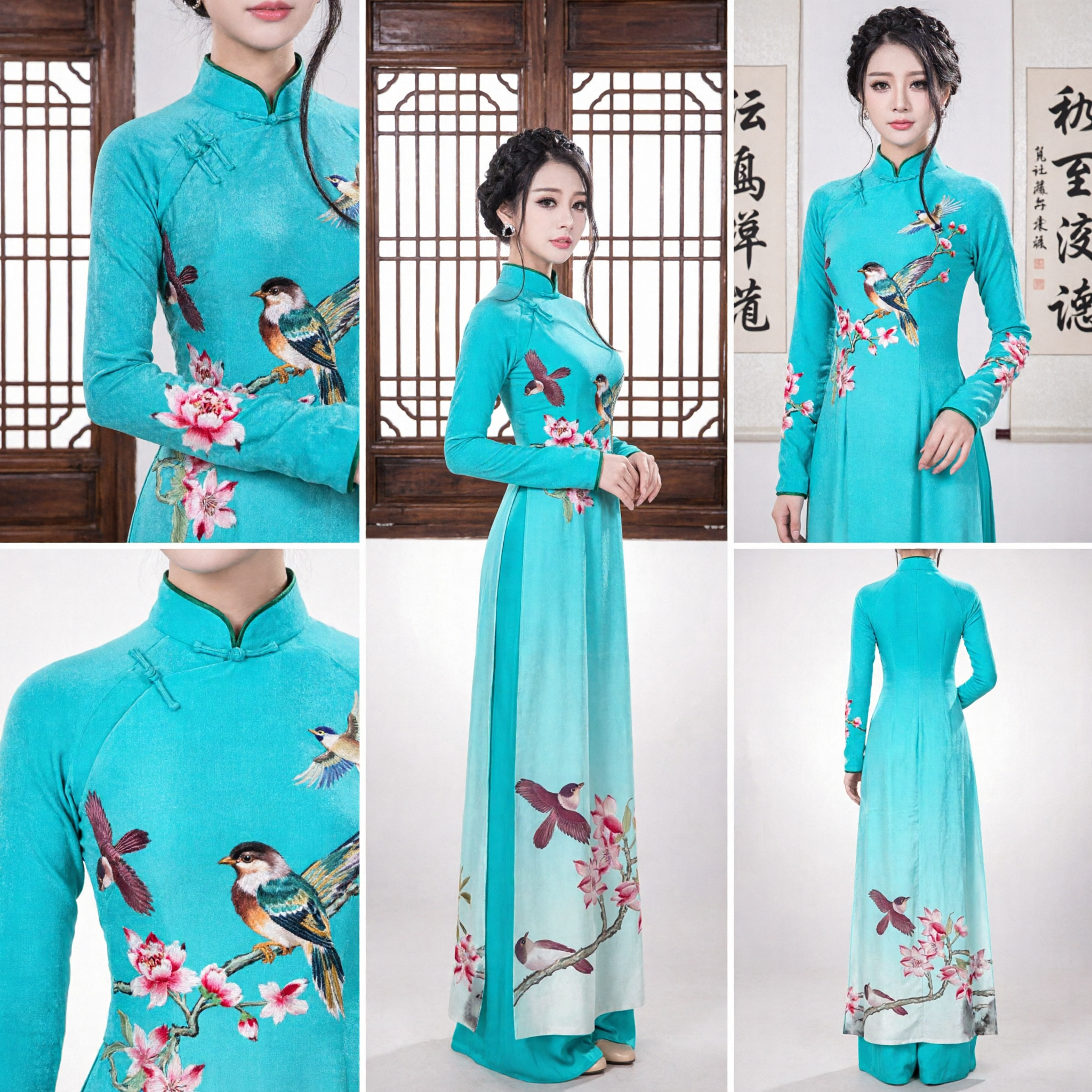 Elegant Blue Vietnamese Ao Dai Traditional Silk Dress with Lotus and Bird Print for Wedding and Festival - Asian Costume