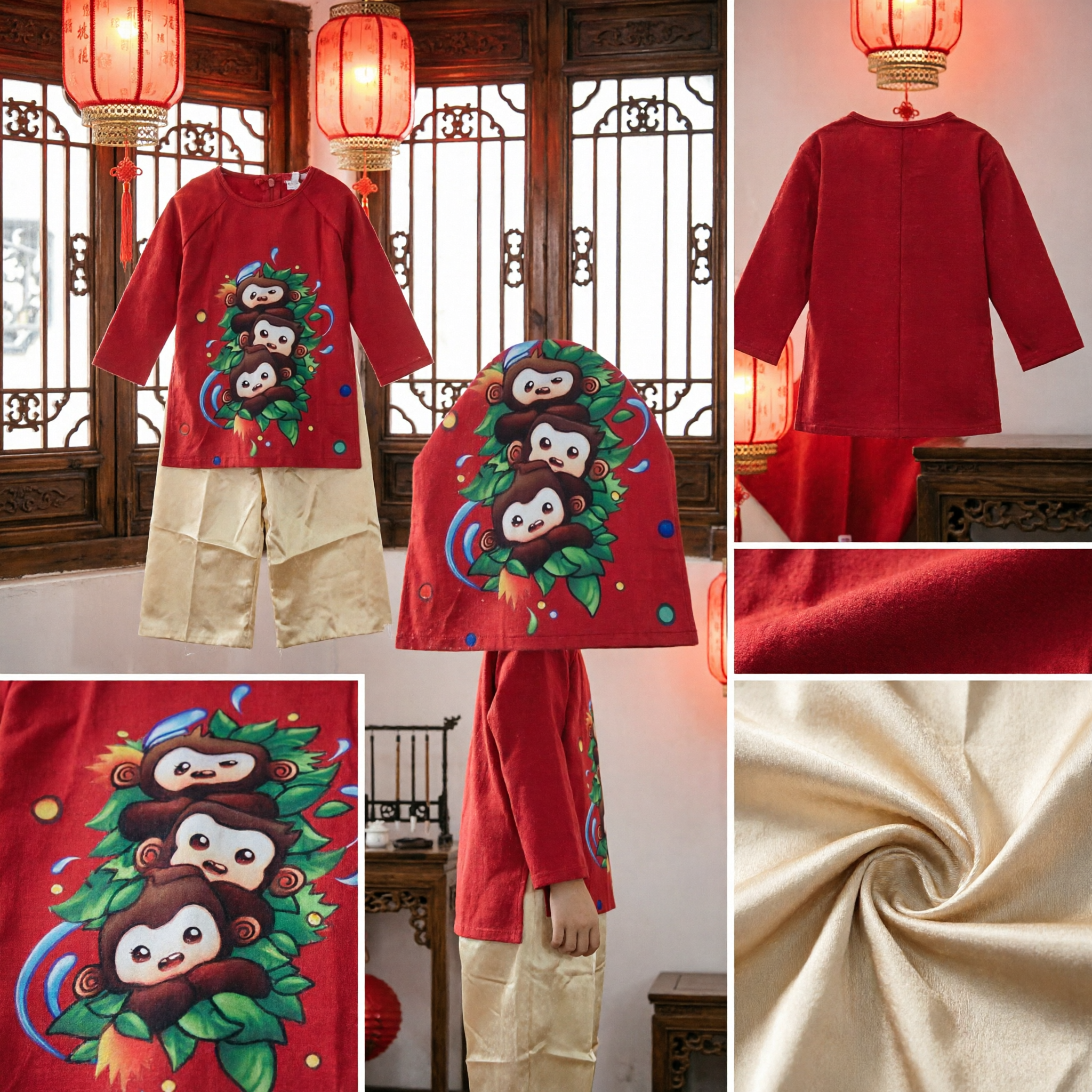 Kids Red Traditional Chinese New Year Costume Year of the Monkey Tang Suit Top and Pants Outfit - Asian Costume