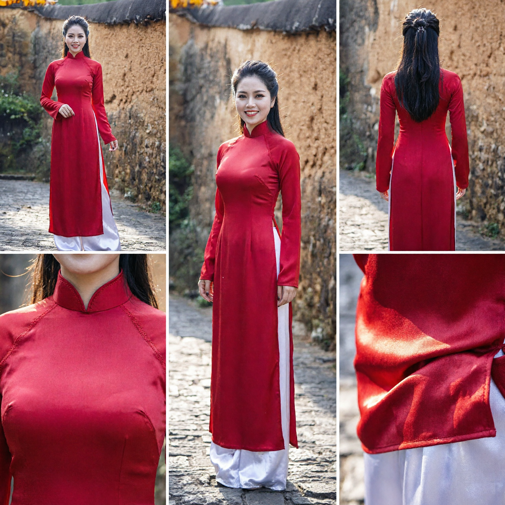 Elegant Red Vietnamese Ao Dai Traditional Dress Long Sleeve Wedding Party Costume for Women - Asian Costume