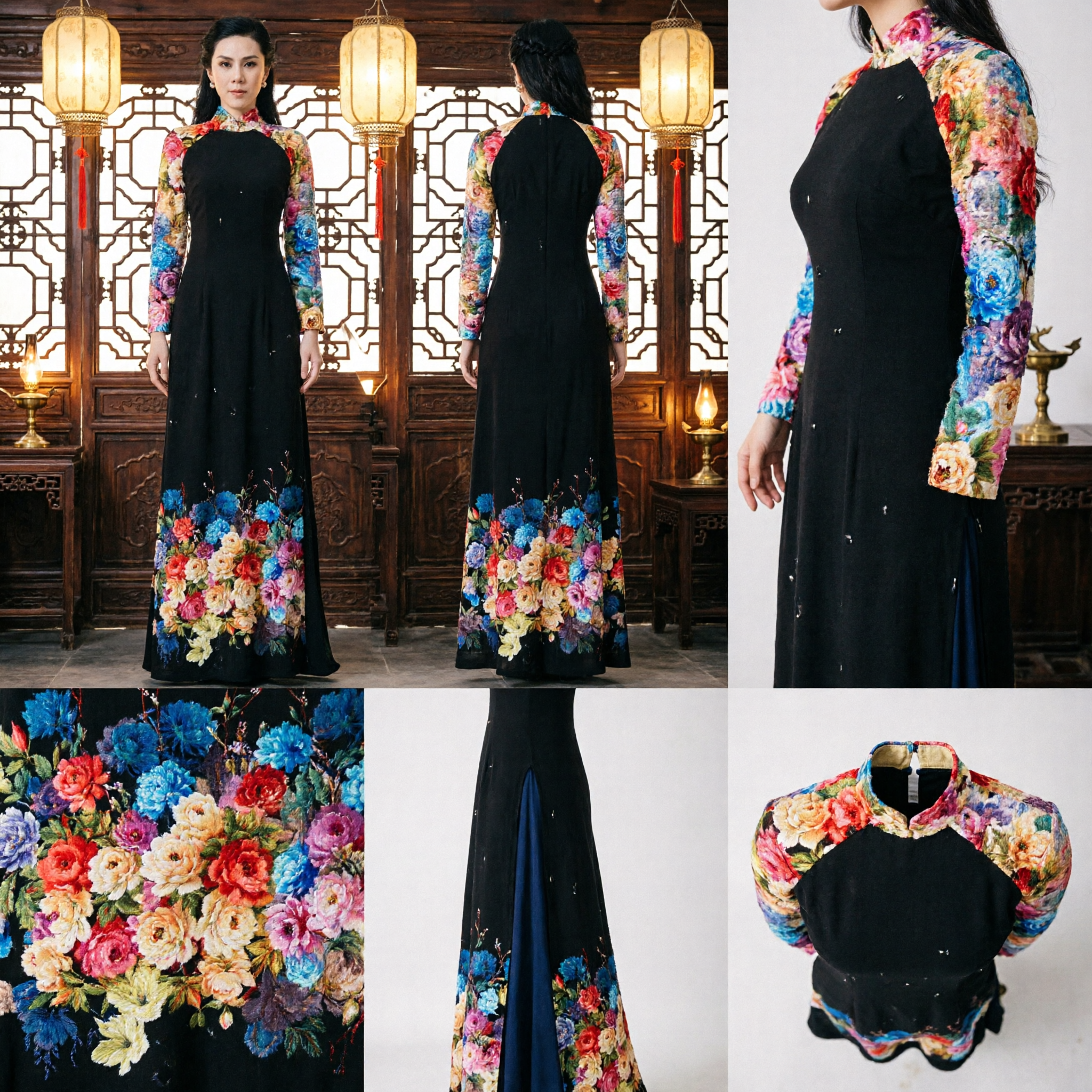 Elegant Black Floral Print Long Sleeve Ao Dai Vietnamese Traditional Evening Gown for Women Wedding Party - Asian Costume