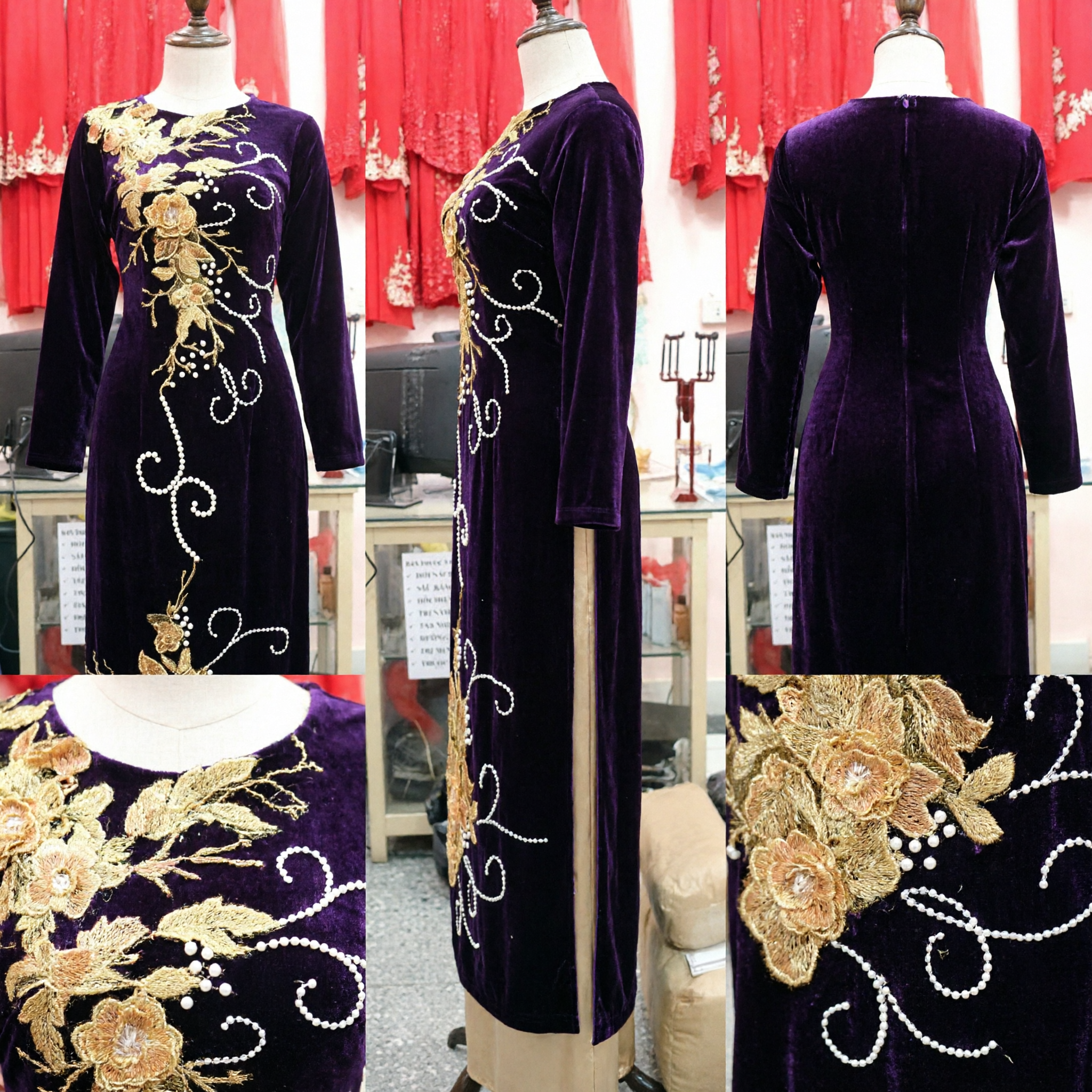 Elegant Dark Purple Velvet Ao Dai with Gold Floral Embroidery Traditional Vietnamese Dress for Women - Asian Costume