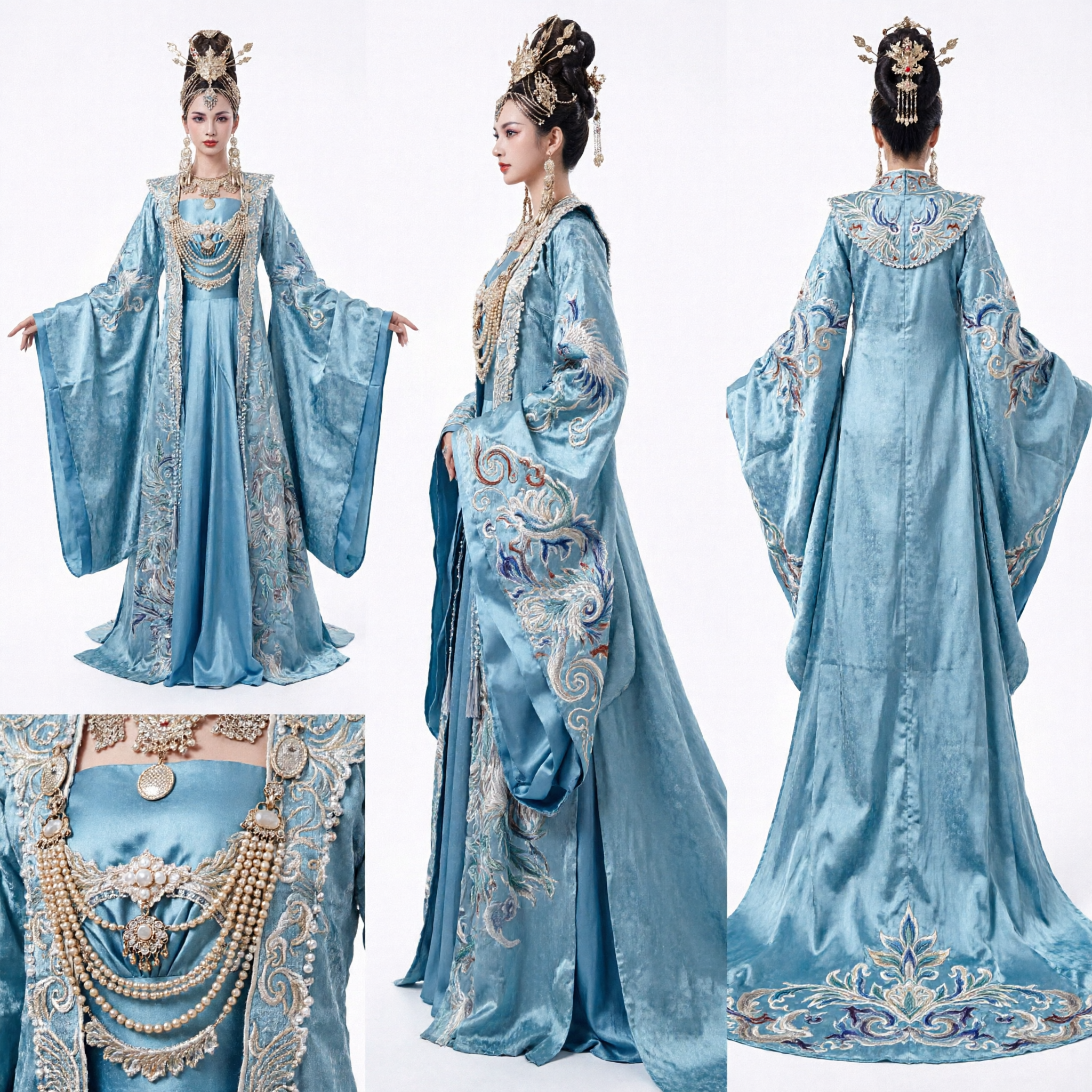 Elegant Ice Blue Ancient Chinese Empress Hanfu Dress with Crown Xianxia Fantasy Costume for Women - Asian Costume