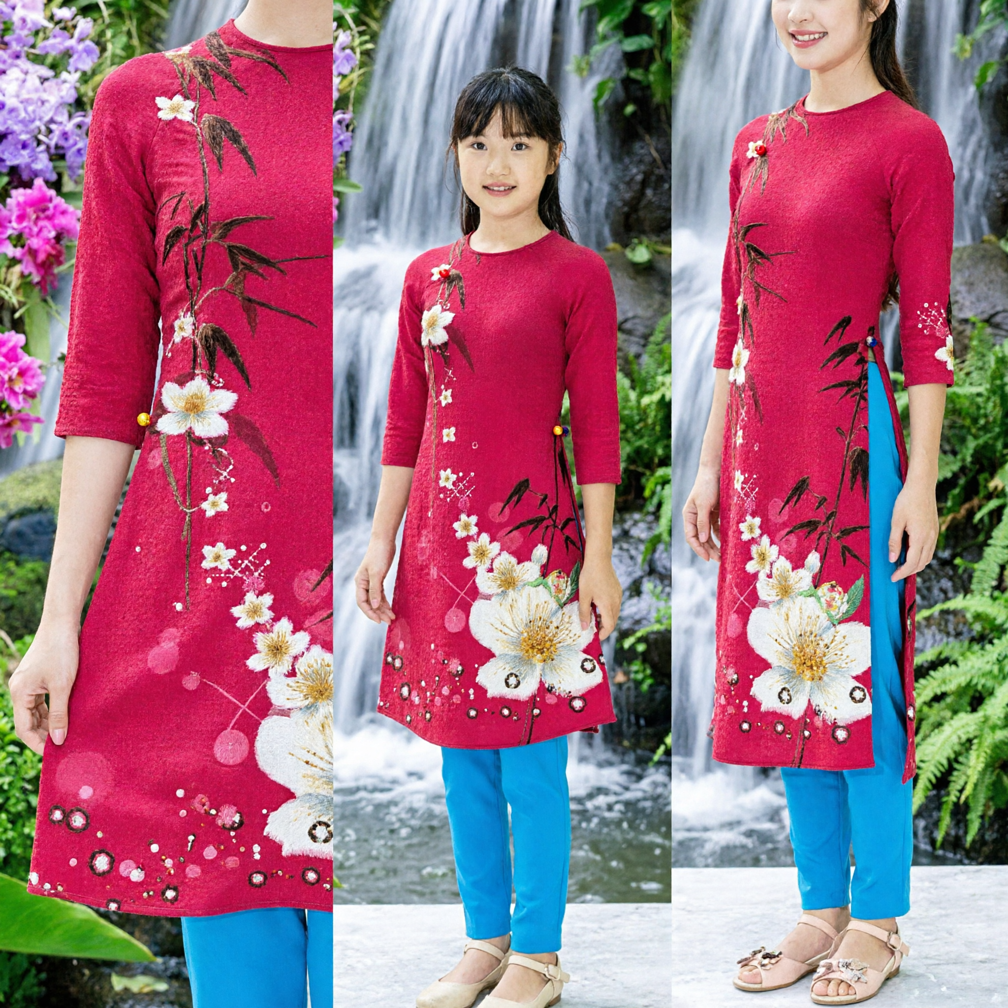 Traditional Vietnamese Ao Dai Mother Daughter Matching Outfits Pink Floral Long Sleeve Dress Set for Tet Festival - Asian Costume
