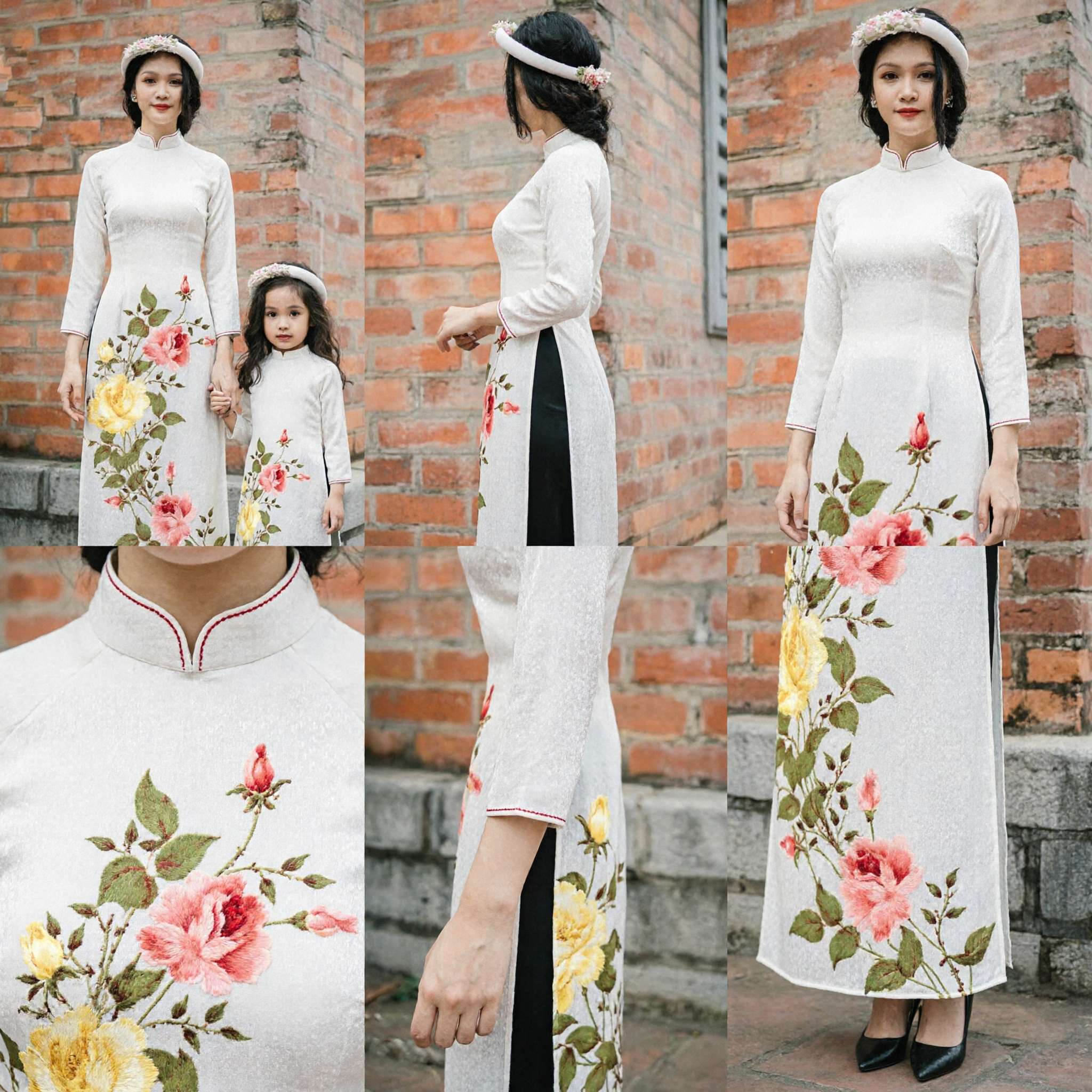 White Floral Vietnamese Ao Dai Mother Daughter Matching Set Traditional Long Sleeve Dress for Wedding and Tet - Asian Costume