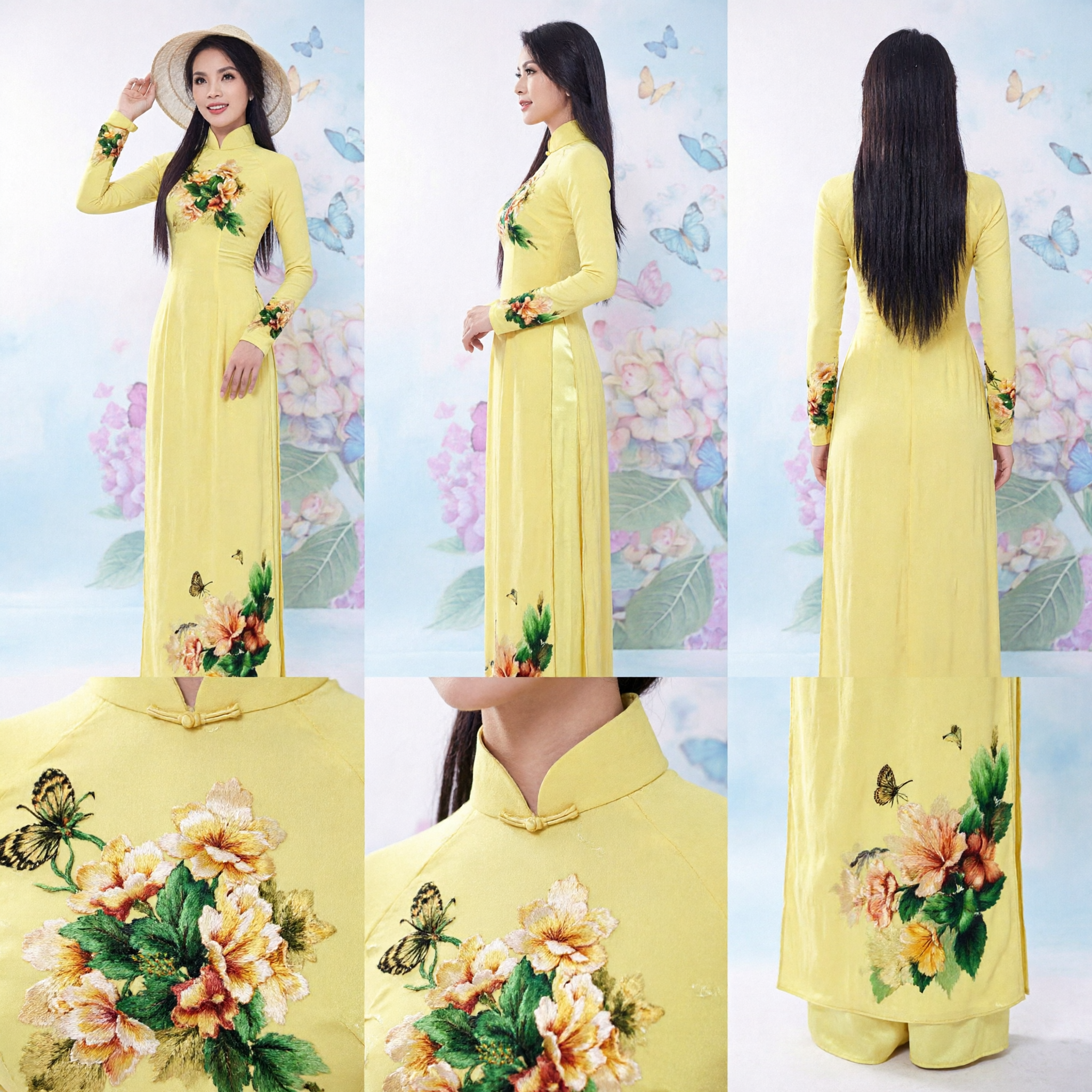 Elegant Yellow Floral Print Vietnamese Ao Dai Long Dress Traditional Costume for Women Wedding Festival - Asian Costume
