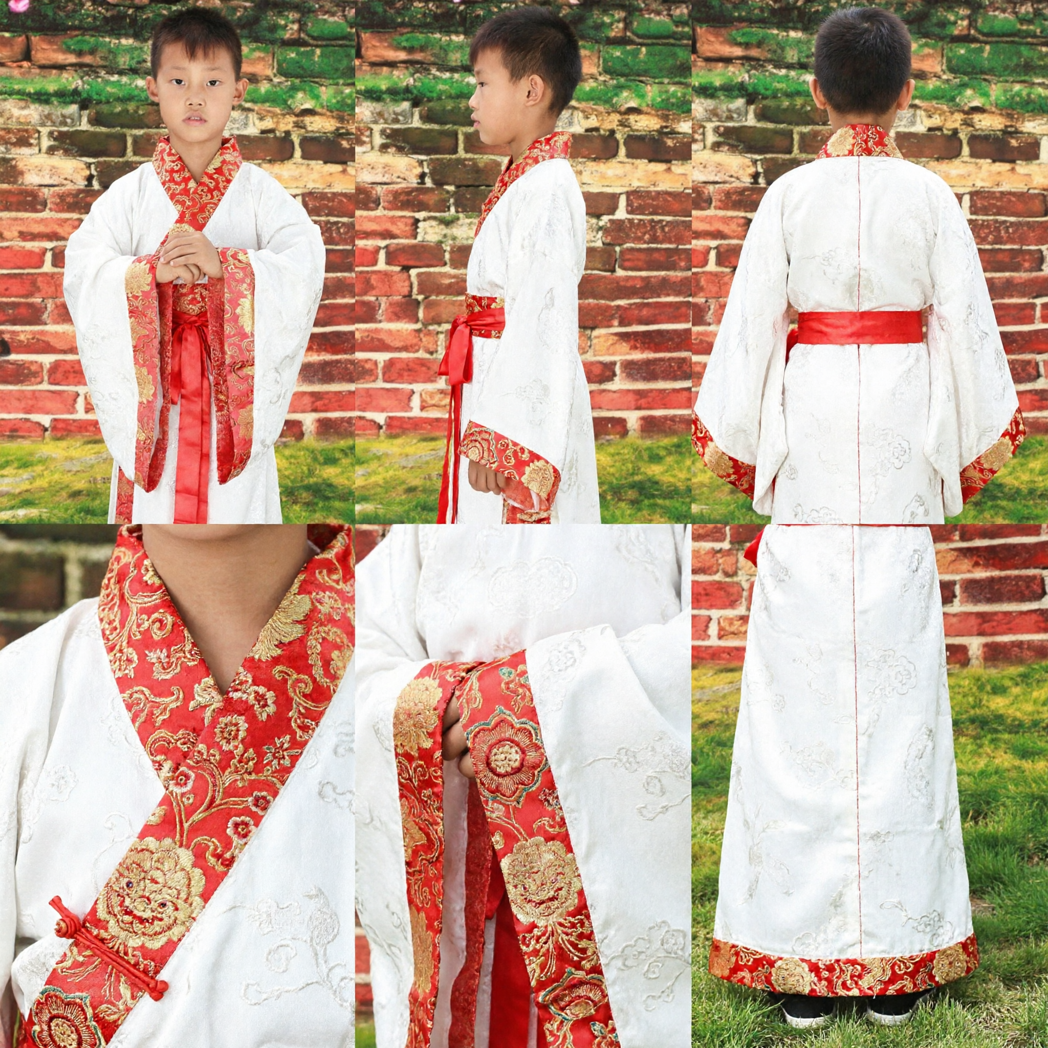 Traditional Chinese Hanfu Costume for Boys White Robe Red Sash Ancient Scholar Outfit for Performance - Asian Costume