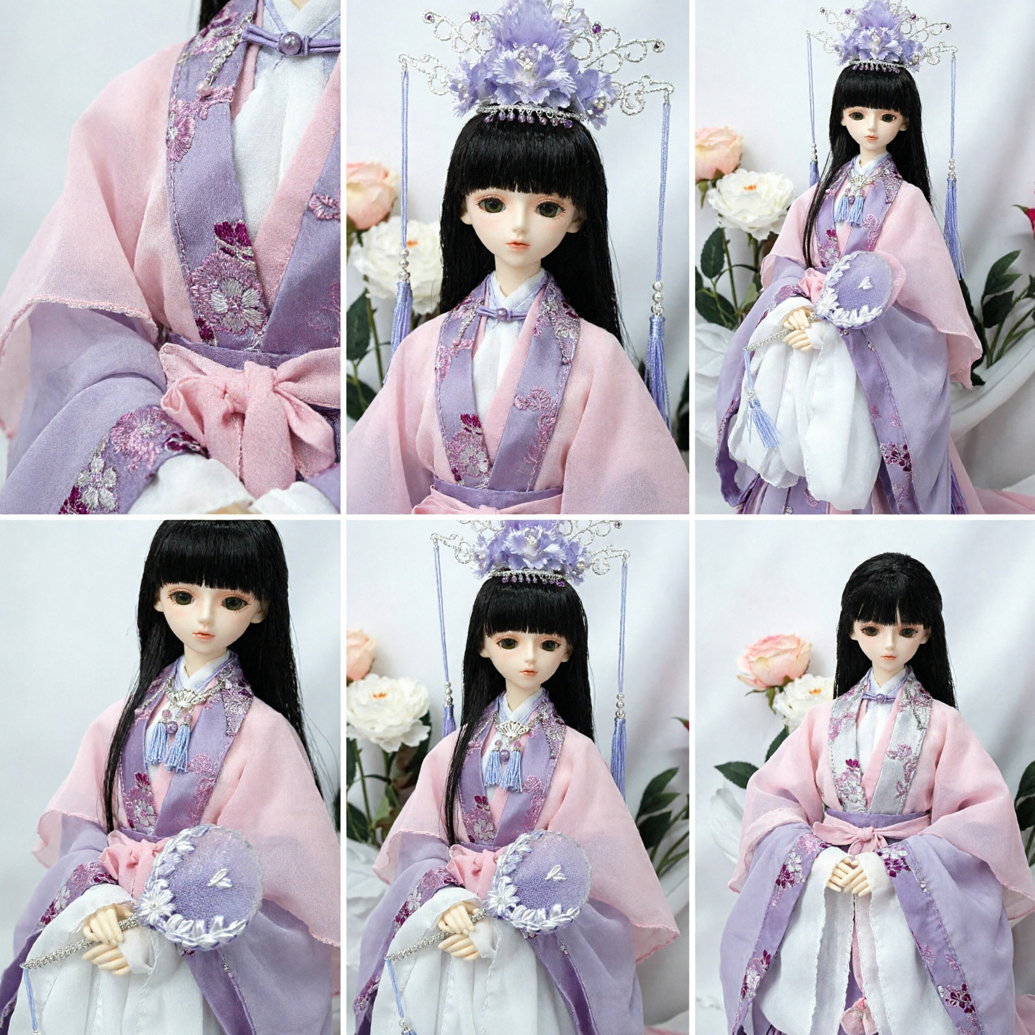 Traditional Chinese Hanfu Doll Clothes Pink Purple Ancient Princess Costume Set with Floral Headpiece and Jewelry - Asian Costume