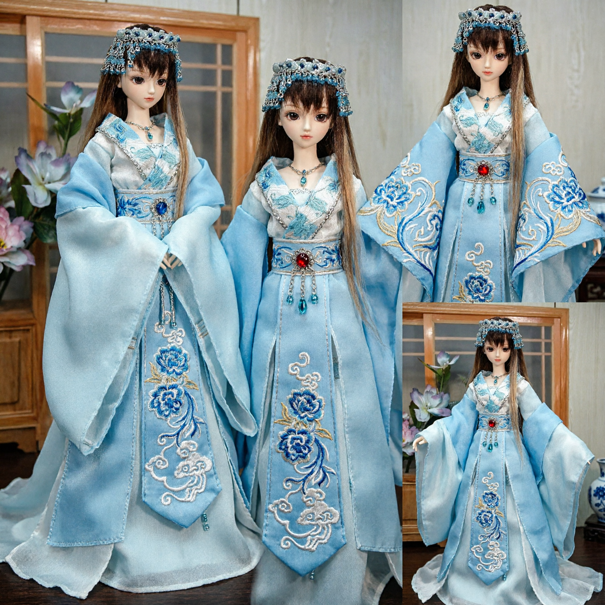 Ancient Chinese Hanfu Clothing for BJD Dolls Blue Fairy Costume with Headdress Traditional Outfit - Asian Costume