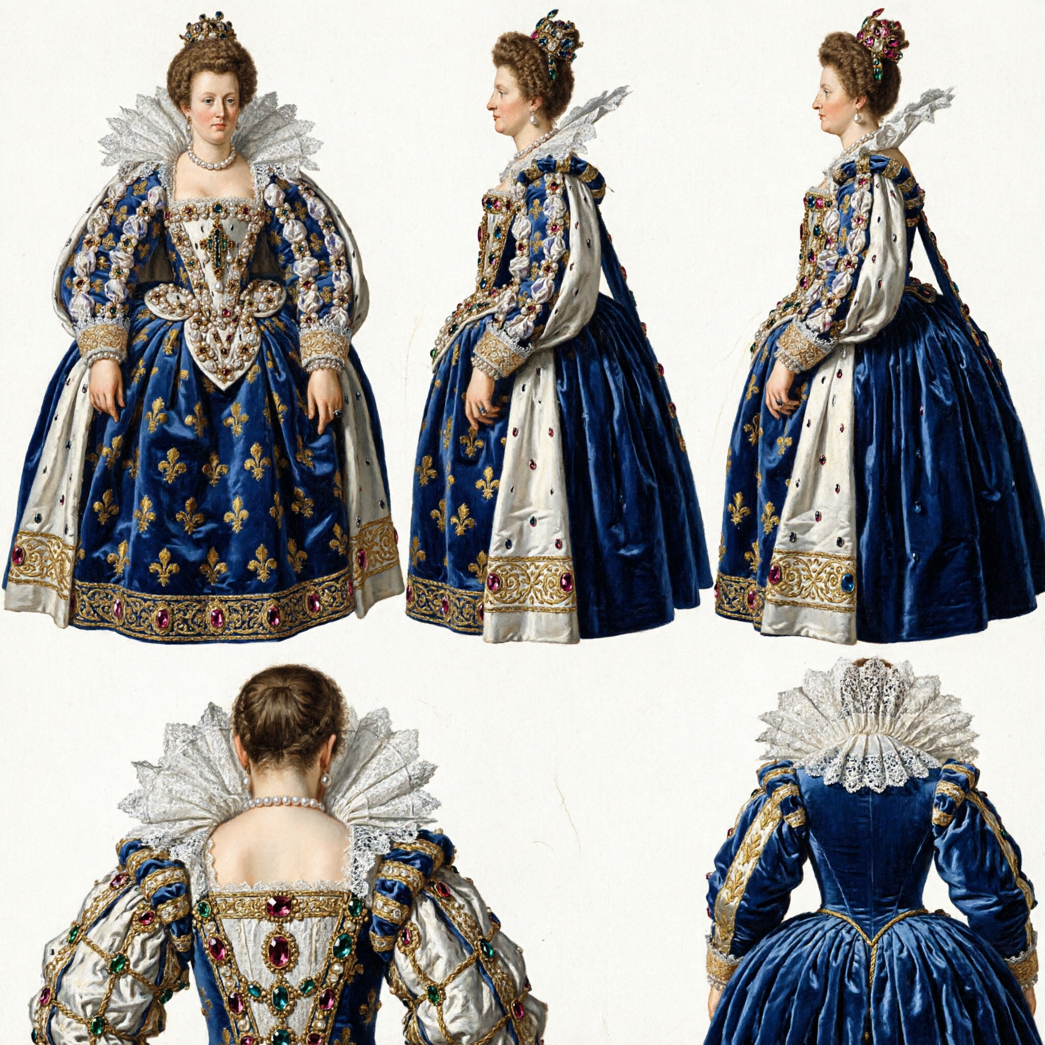 Women's Renaissance Queen Costume Blue Velvet Royal Gown with Gold Fleur-de-lis for Historical Cosplay - Asian Costume