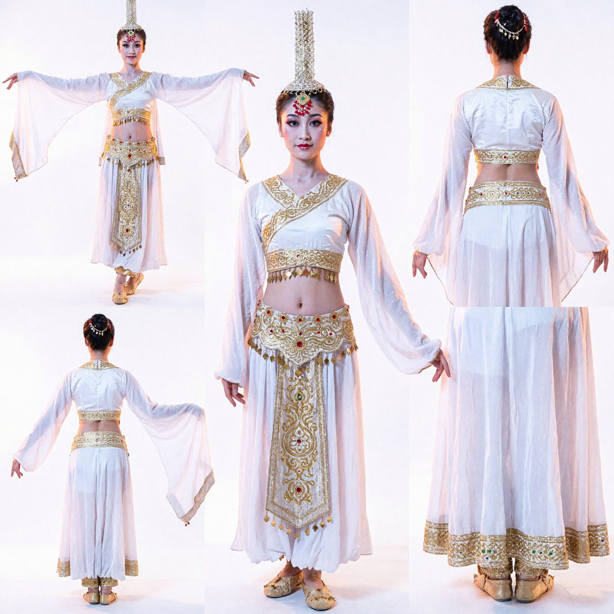 Women's Traditional Chinese Classical Dance Costume Complete Set with Ornate Headpiece and Embroidered Bodice for Stage Performance - Asian Costume
