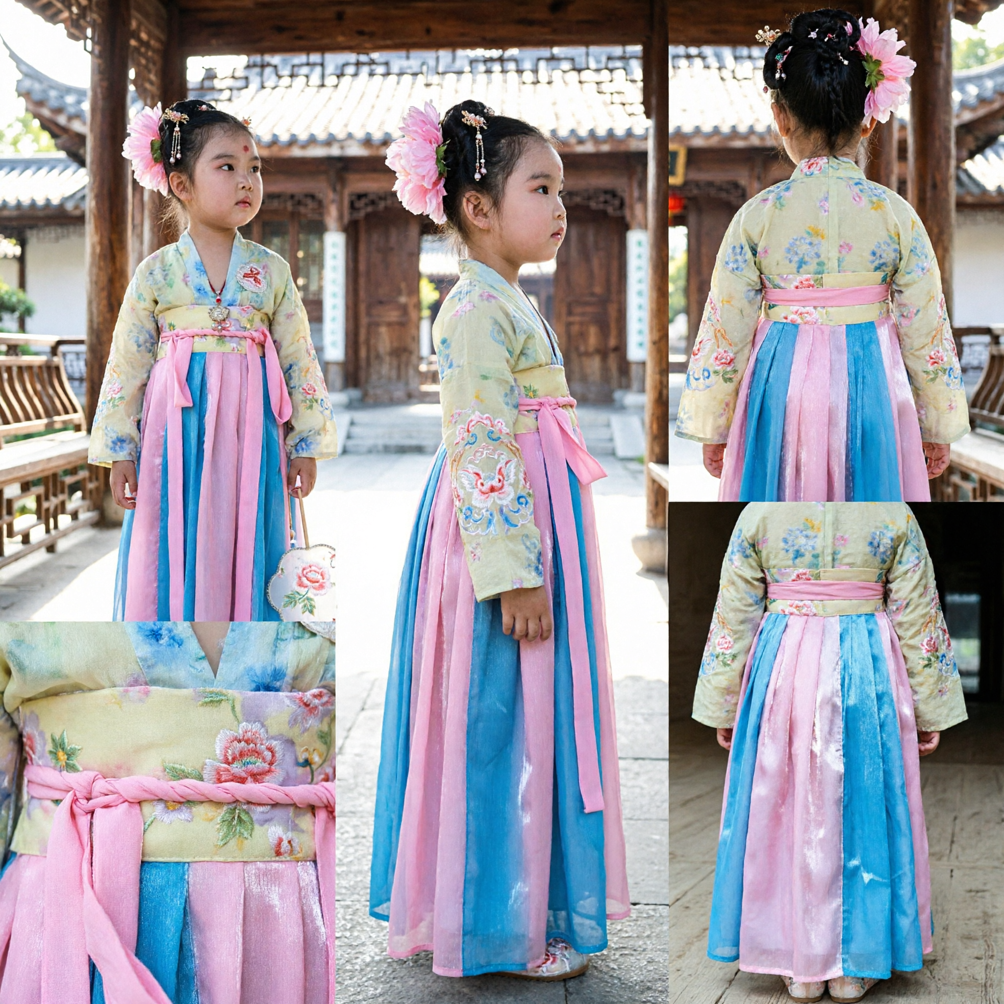 Traditional Korean Hanbok for Girls Kids Floral Jeogori and Pink Blue Chima Dress for Special Occasions - Asian Costume