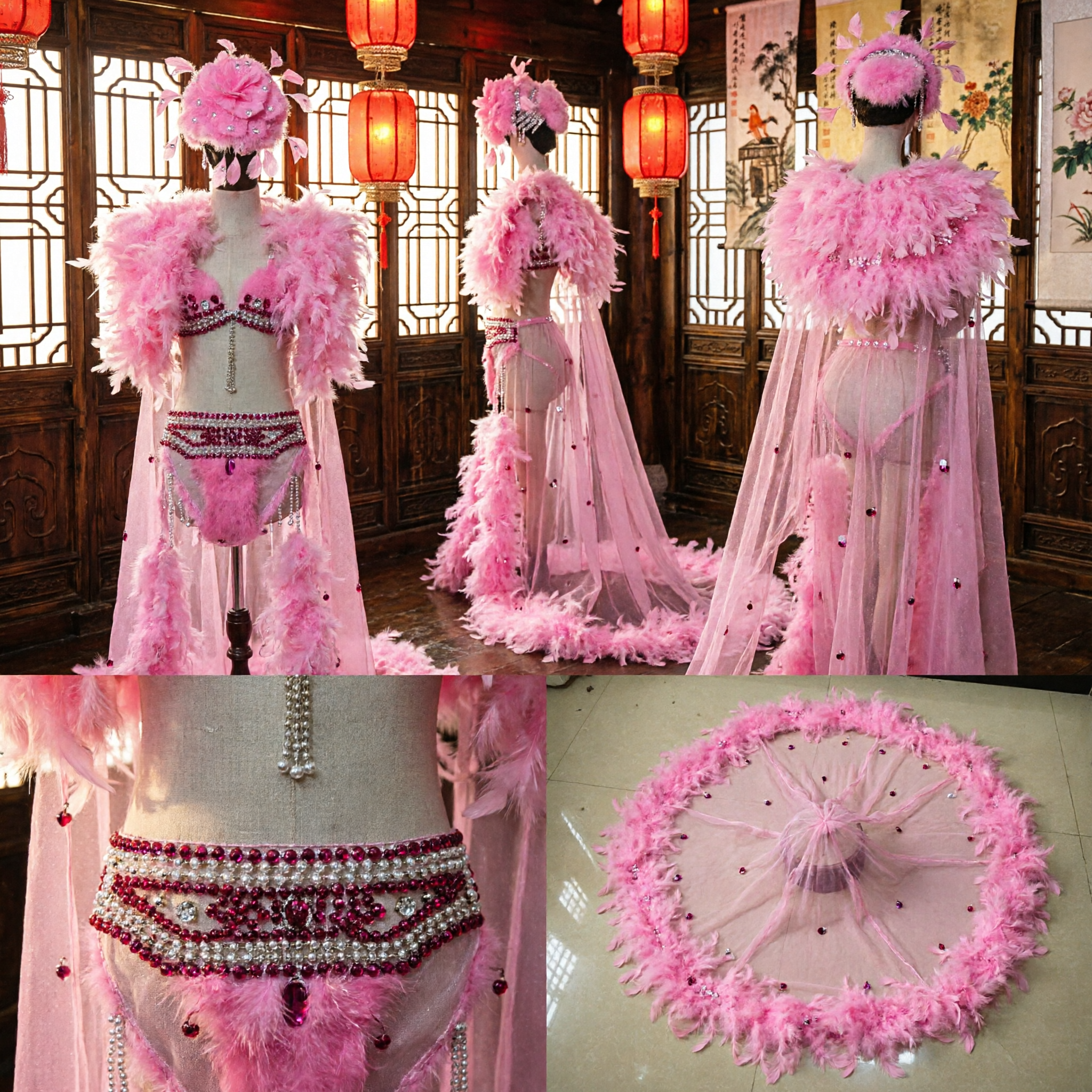 Women's Pink Feather Rhinestone Bikini Costume Samba Carnival Burlesque Showgirl Dance Performance Outfit Set - Asian Costume