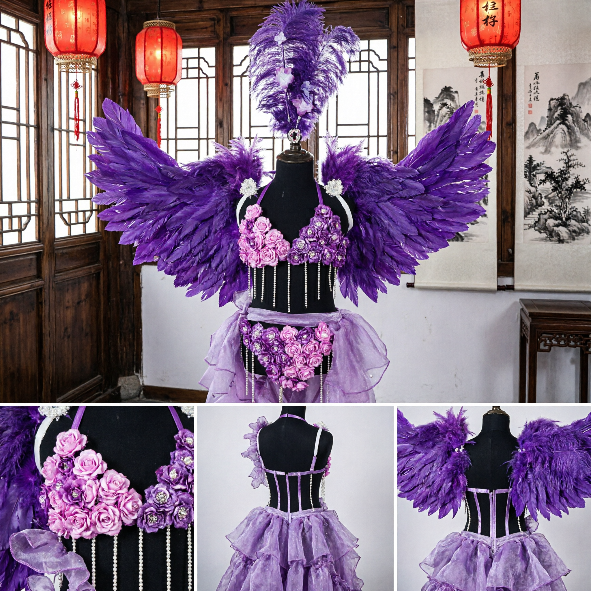 Purple Brazilian Samba Carnival Costume with Large Feather Wings and Headdress for Stage Dance Performance - Asian Costume
