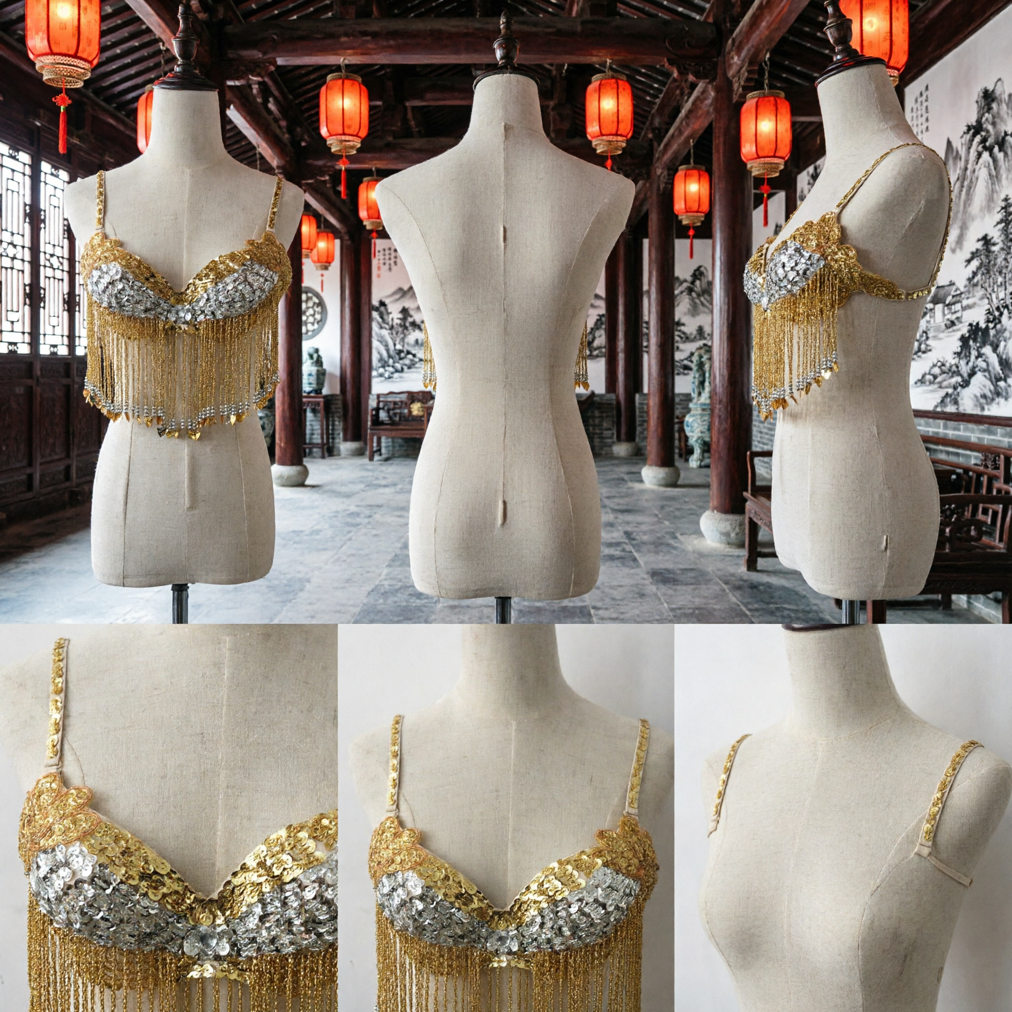 Women's Gold and Silver Sequin Fringe Belly Dance Top Bra for Cabaret Stage Performance Costume - Asian Costume