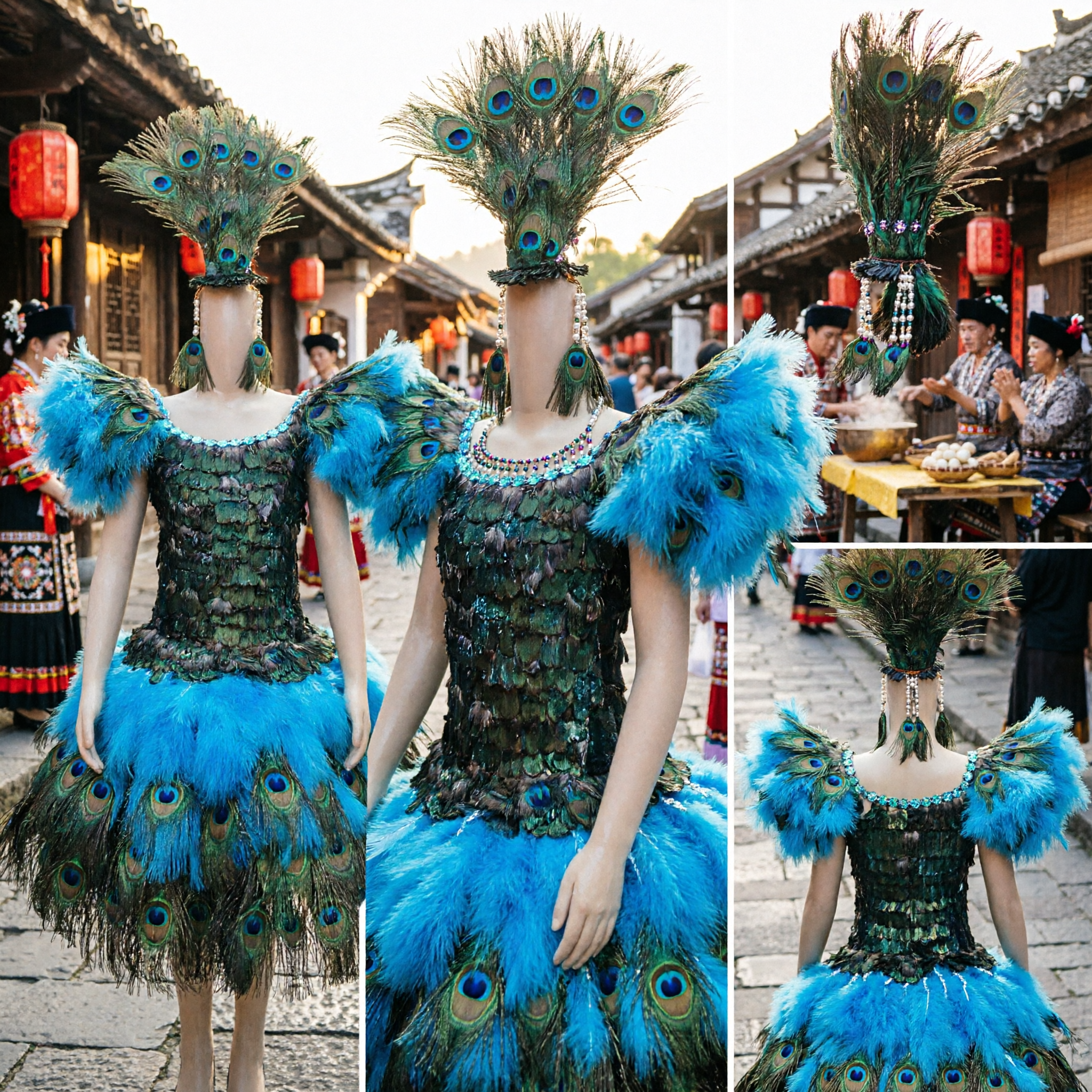 Women's Peacock Feather Dance Costume Traditional Chinese Stage Performance Folk Dress with Headpiece - Asian Costume
