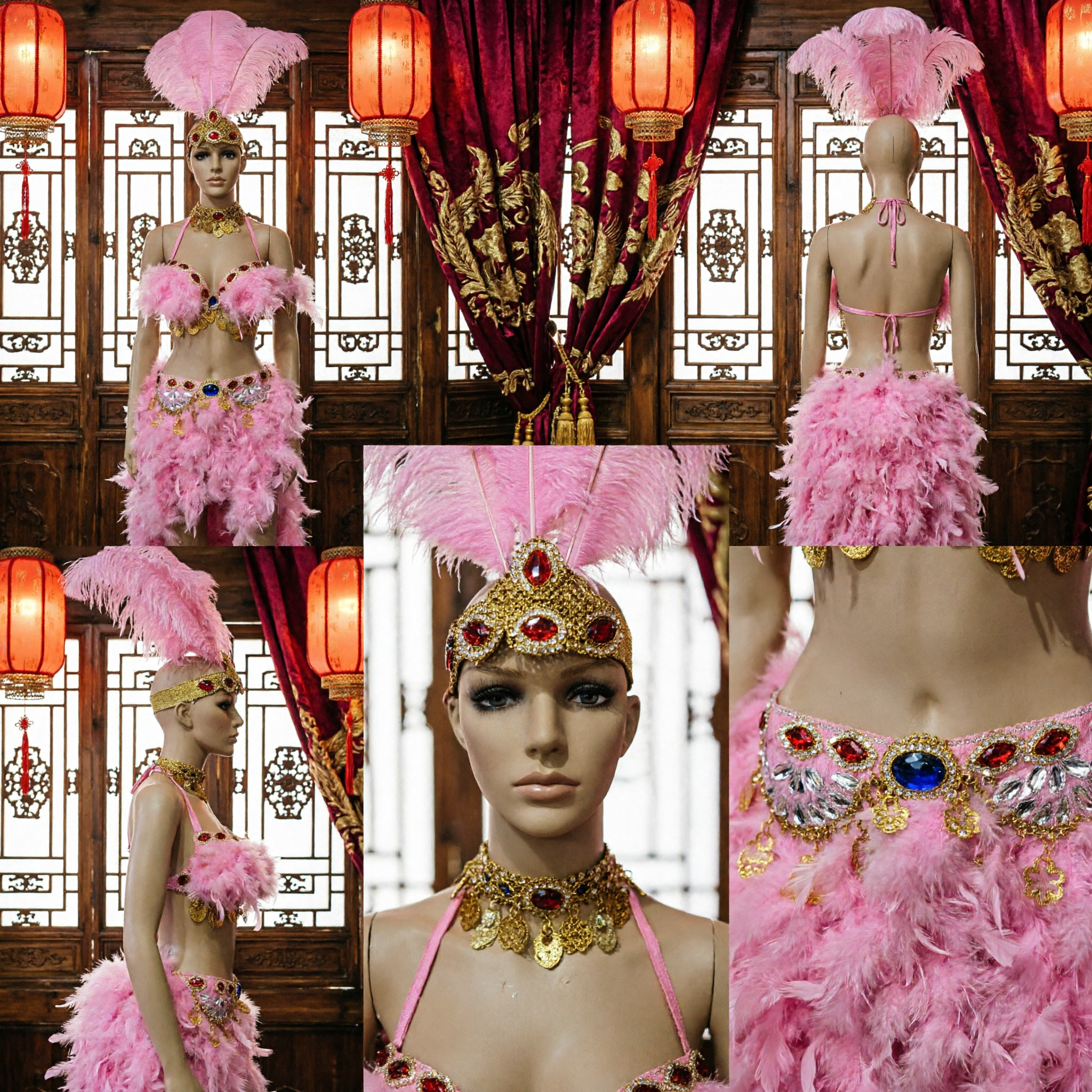 Pink Feather Samba Carnival Dance Costume Showgirl Burlesque Outfit with Headdress Necklace and Skirt Set - Asian Costume