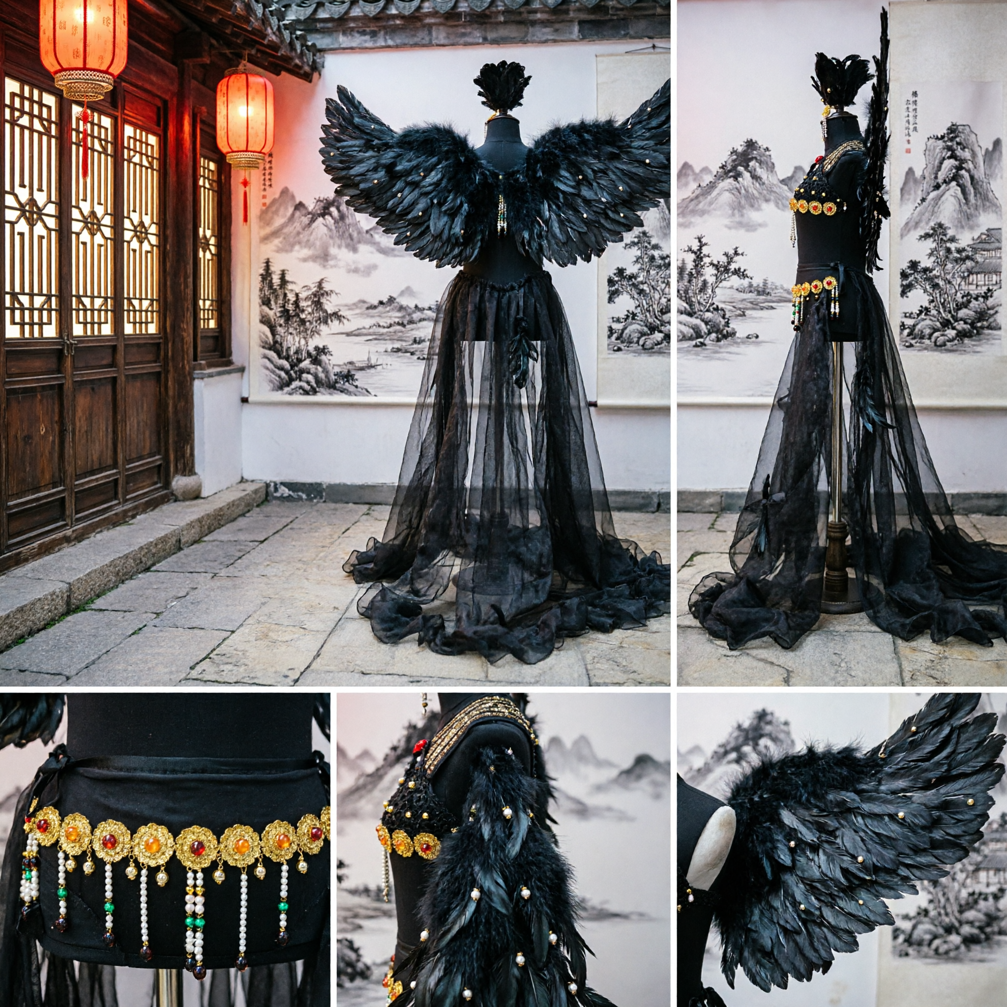 Exotic Black Feathered Wing Dance Costume with Gold Coin Belt and Silver Tassels for Stage Performance - Asian Costume
