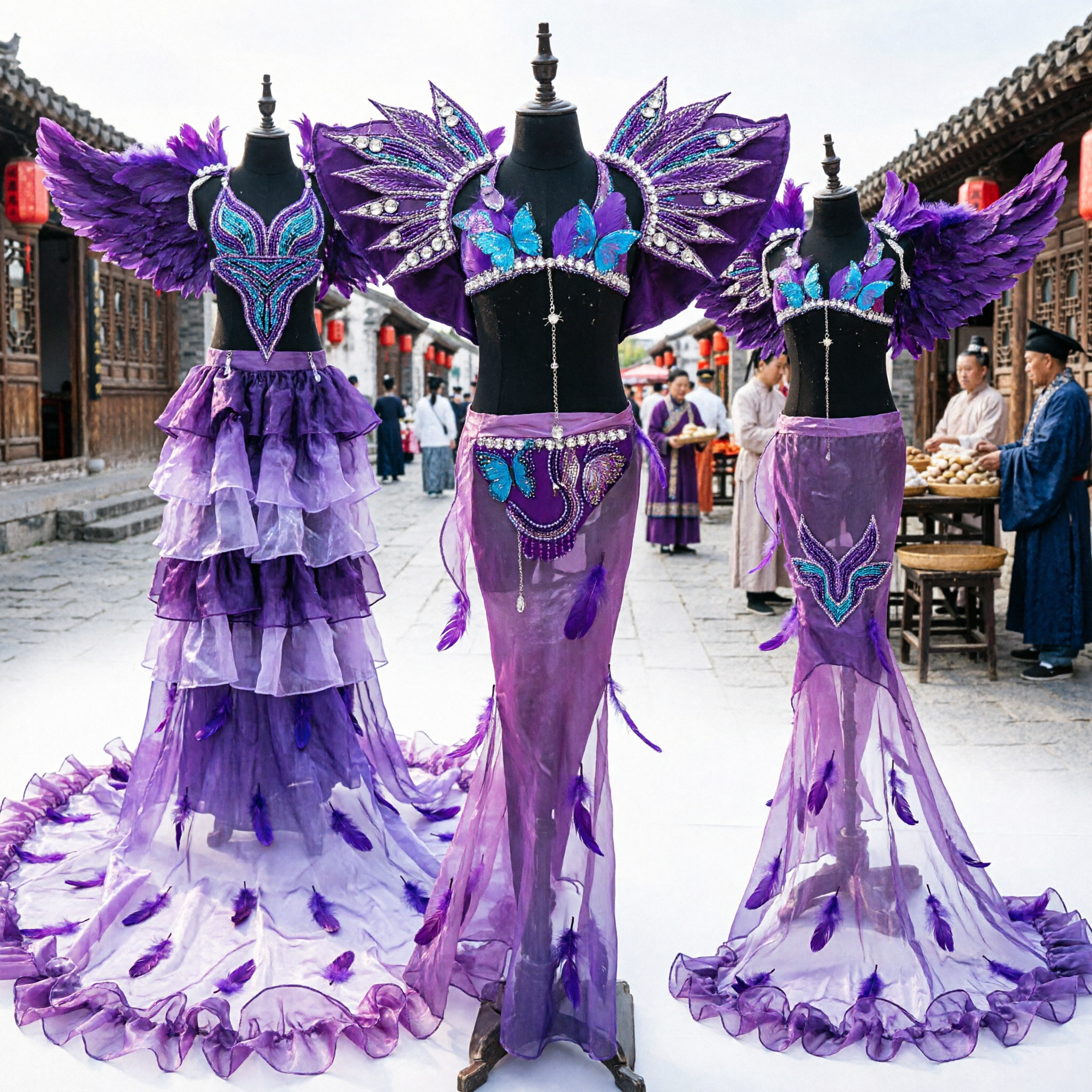 Women's Purple Rio Carnival Samba Dance Costume with Large Feather Wings and Long Ruffled Mermaid Skirt - Asian Costume