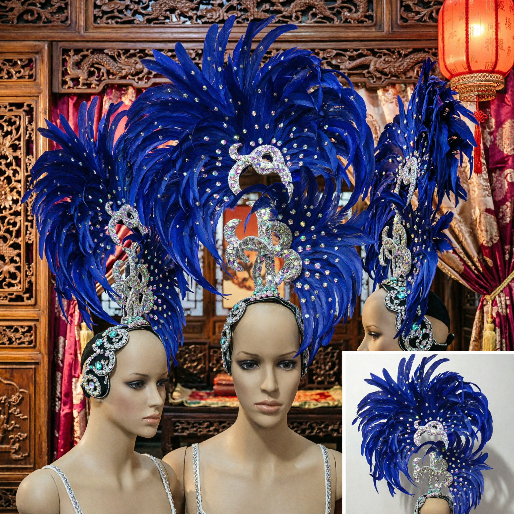 Royal Blue Feather Headdress for Women Carnival Samba Showgirl Costume Stage Performance Parade Headpiece - Asian Costume