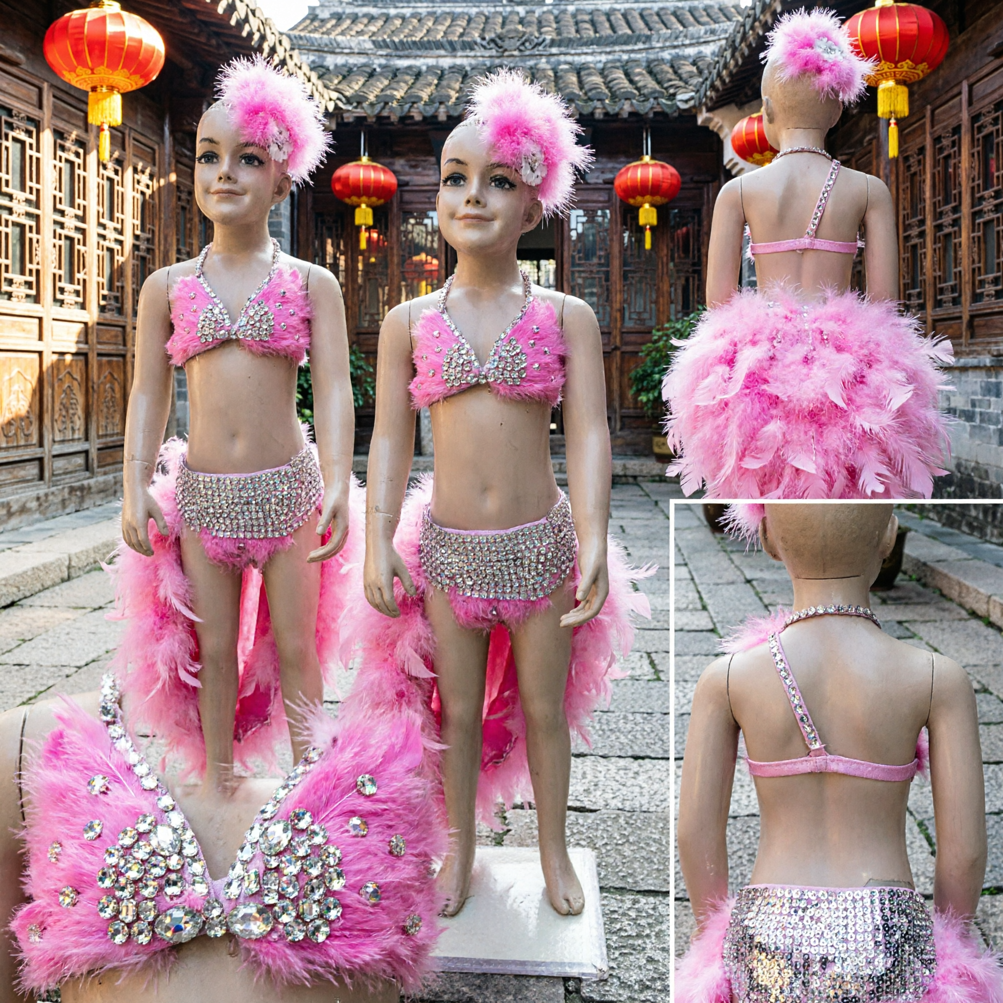 Kids Girls Pink Feather Latin Dance Costume Samba Carnival Performance Bikini Set with Rhinestone Top and Tutu - Asian Costume