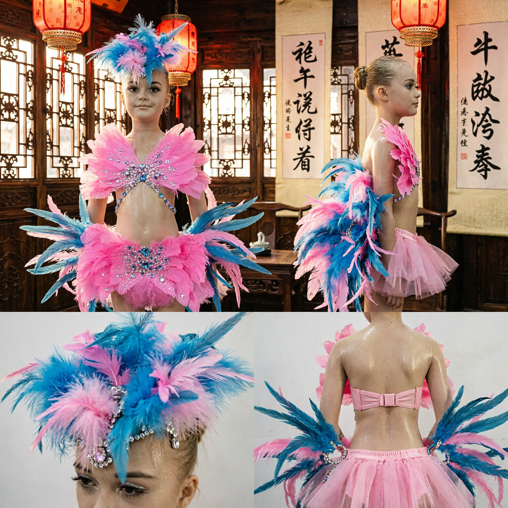 Kids Pink and Blue Feather Samba Carnival Dance Costume with Sequins for Girls Stage Performance - Asian Costume