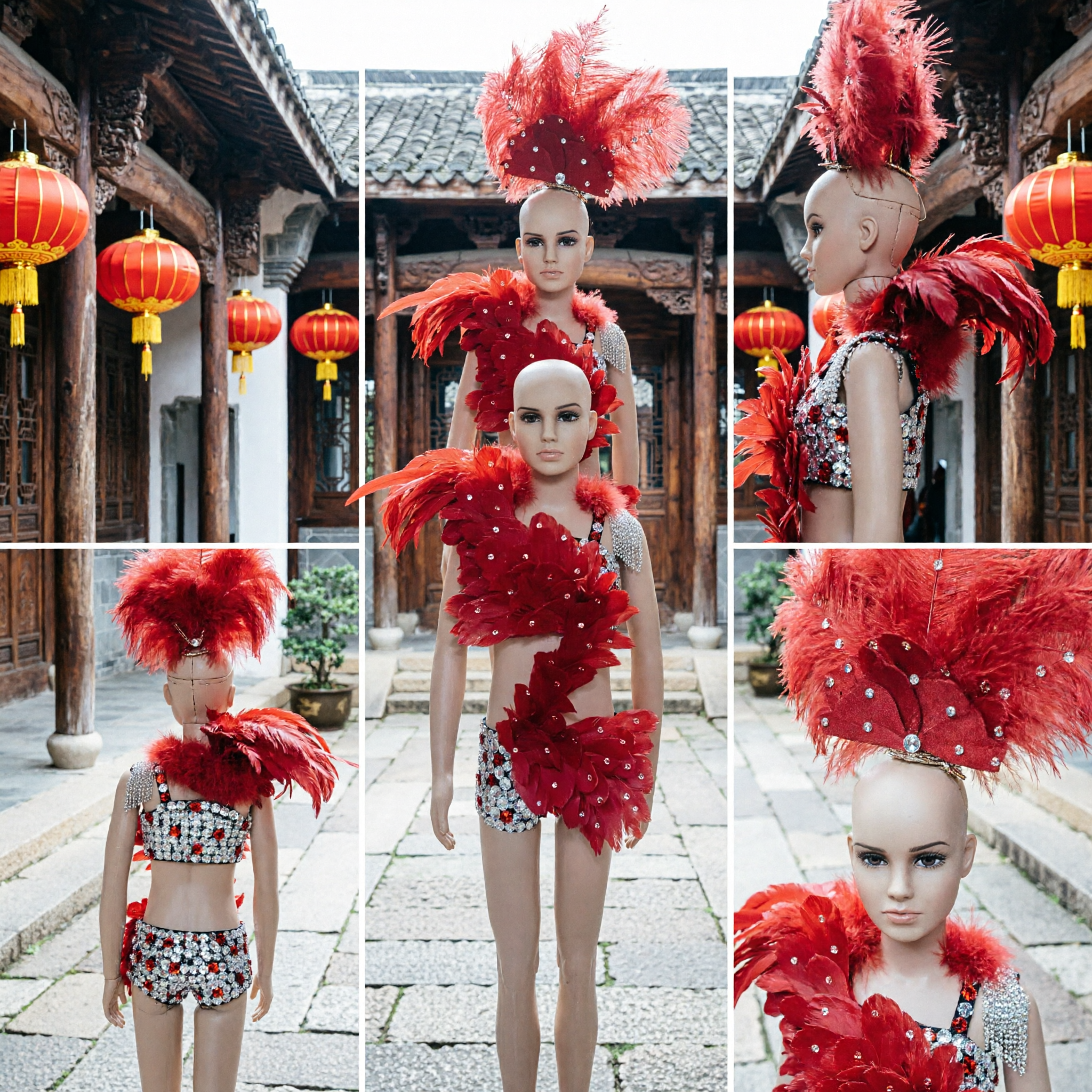 Women's Red Samba Carnival Showgirl Costume Set with Tall Feather Headdress and Sequined Performance Outfit - Asian Costume