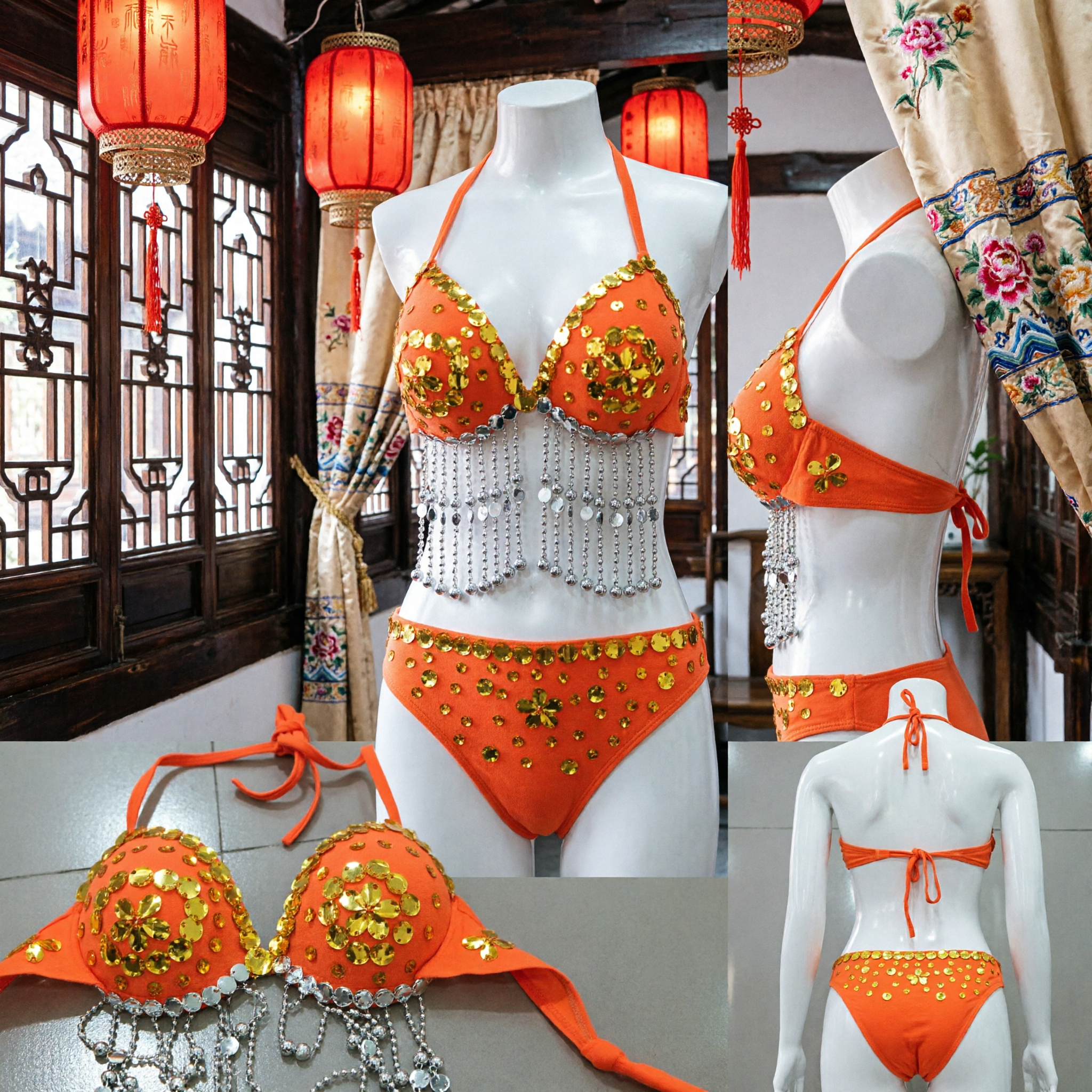 Women's Orange Belly Dance Bikini Set with Gold Sequins and Silver Fringe for Stage Performance - Asian Costume