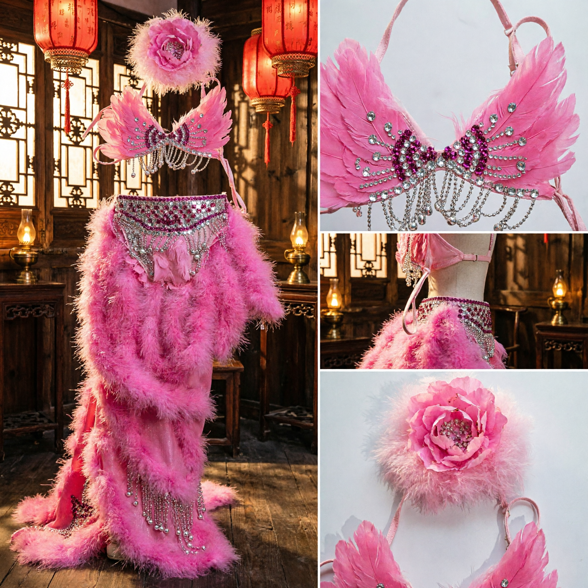Women's Pink Feather Rhinestone Showgirl Costume Set with Headpiece for Samba Carnival Dance Performance - Asian Costume
