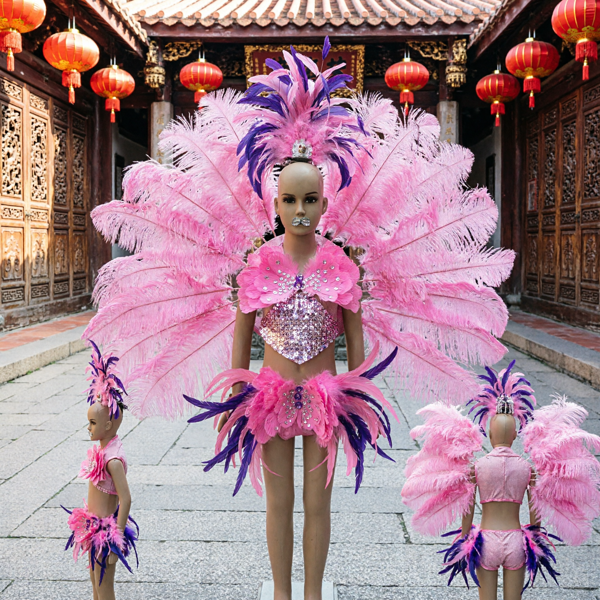 Kids Pink Samba Carnival Costume Set with Feather Wings Headdress Bikini for Stage Dance Performance - Asian Costume
