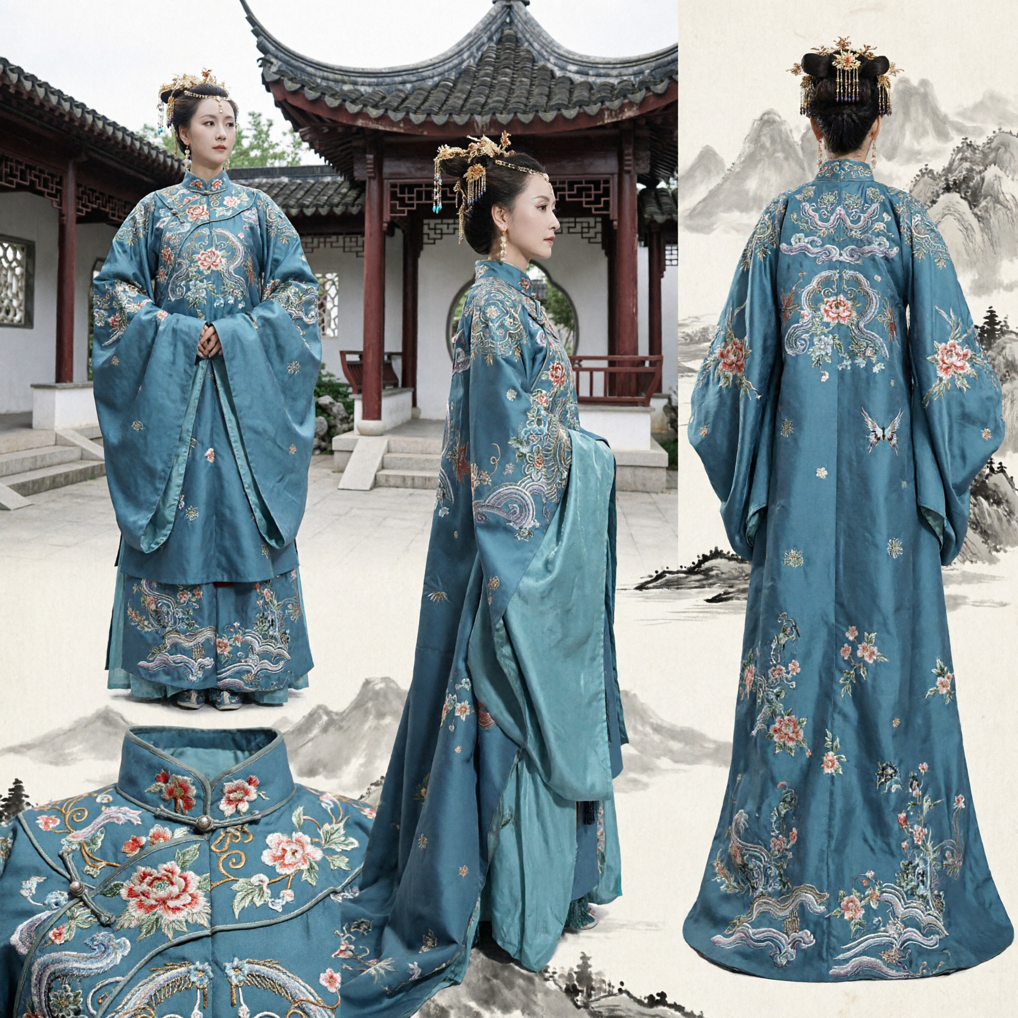 Elegant Blue Embroidered Hanfu Robe Traditional Chinese Ancient Palace Costume for Women Wedding Ceremony - Asian Costume