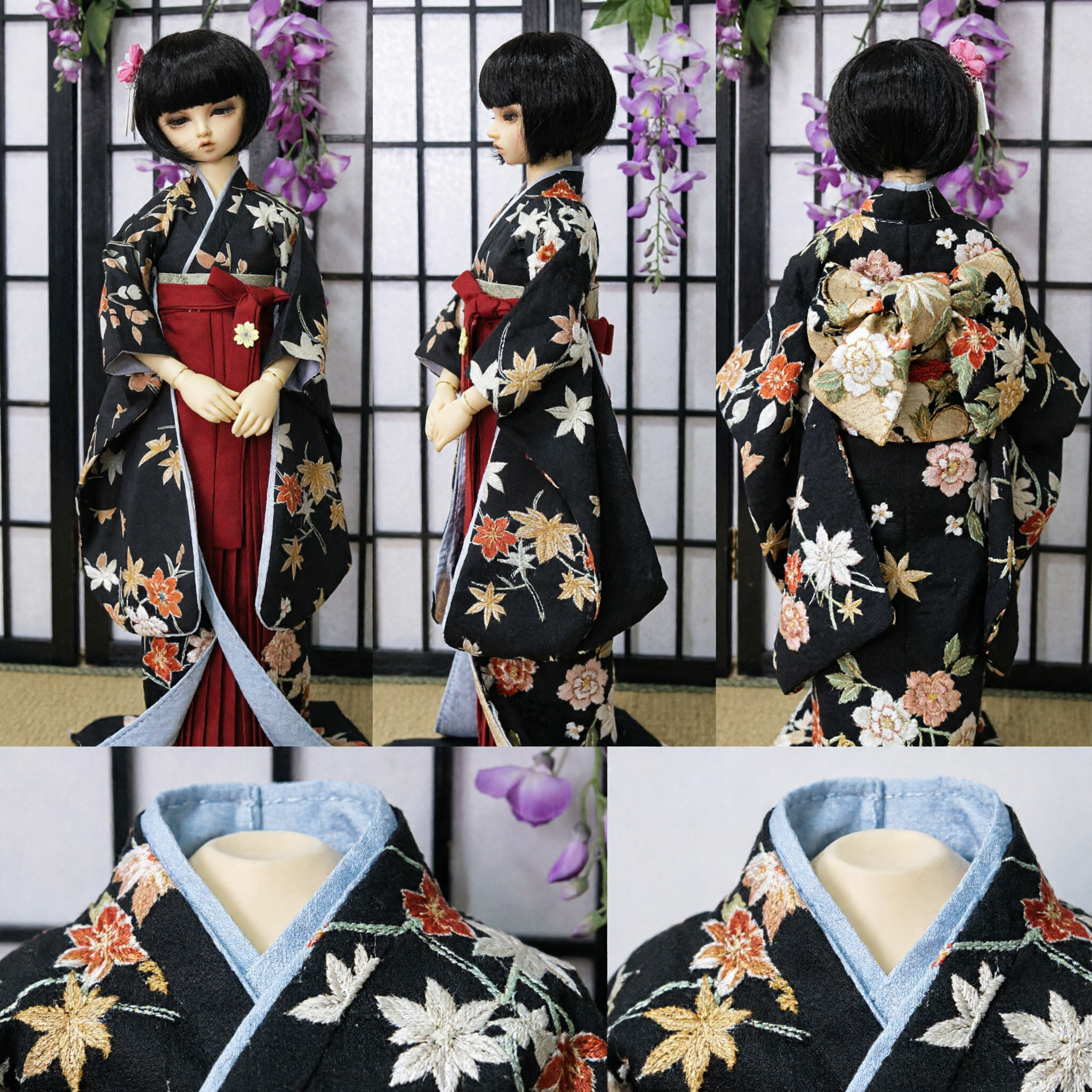 Traditional Japanese Black Kimono with Maple Leaf Pattern and Red Hakama Set for BJD Dolls - Asian Costume