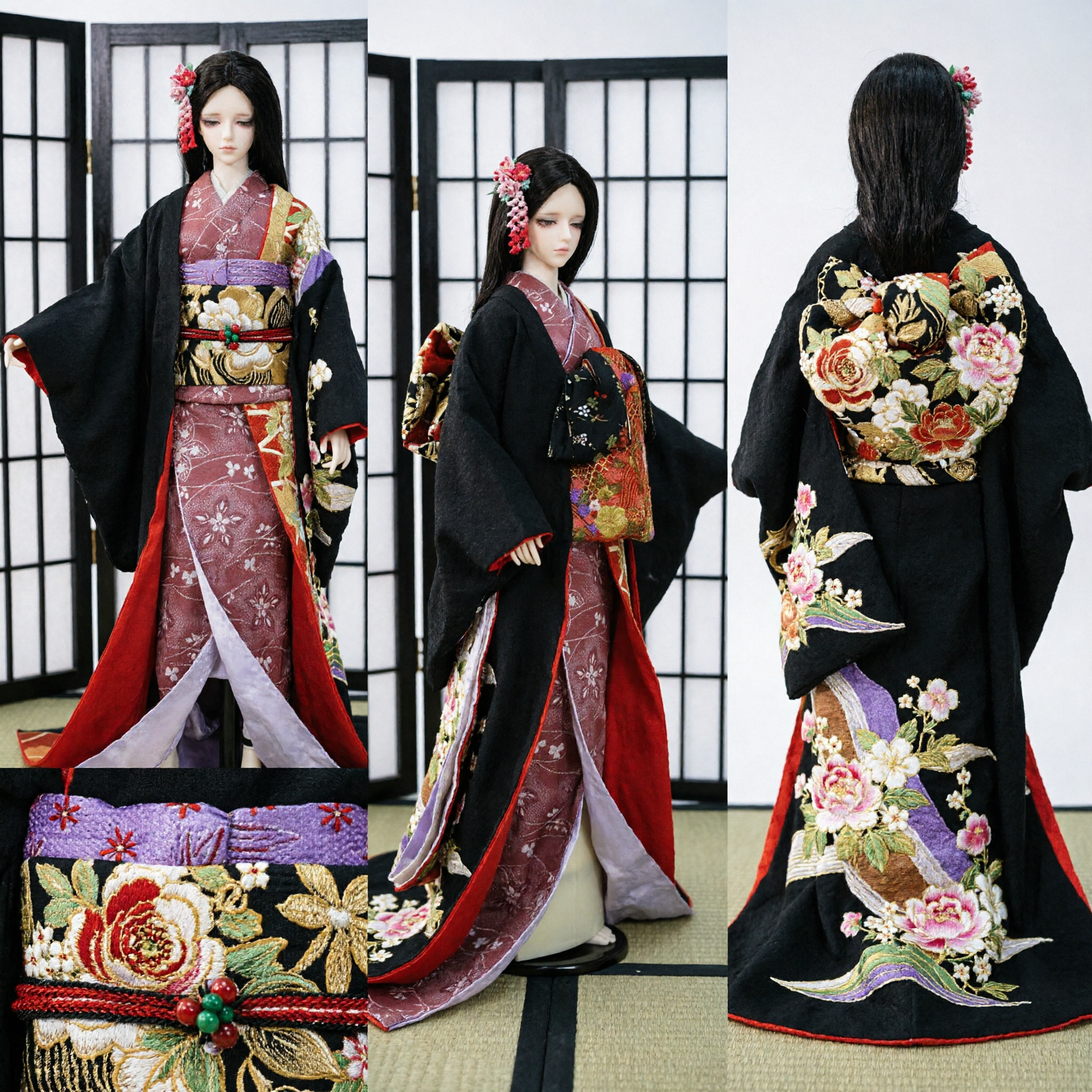 Traditional Japanese Kimono Costume for BJD Dolls Geisha Style Outfit with Gold Embroidery and Black Robe - Asian Costume